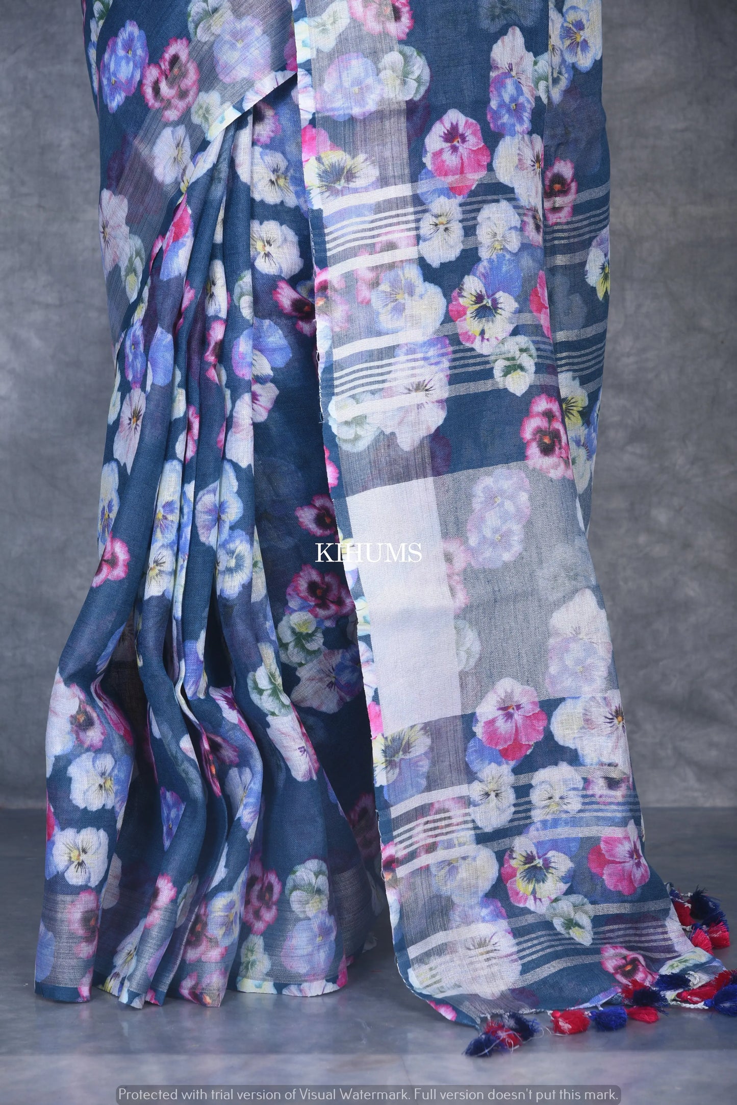 Blue shade Floral Printed linen saree I Silver Zari BorderI Handwoven Saree I Pretty Sari | KIHUMS Saree kihums clothing