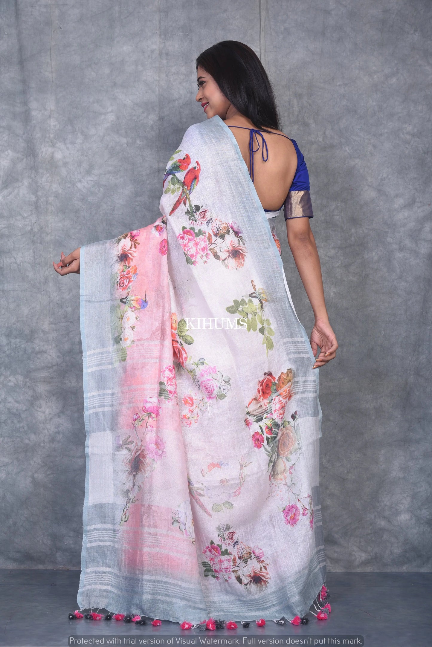 White & peach Dual shade Floral Printed linen saree I Silver Zari BorderI Handwoven Saree I Pretty Sari | KIHUMS Saree kihums clothing