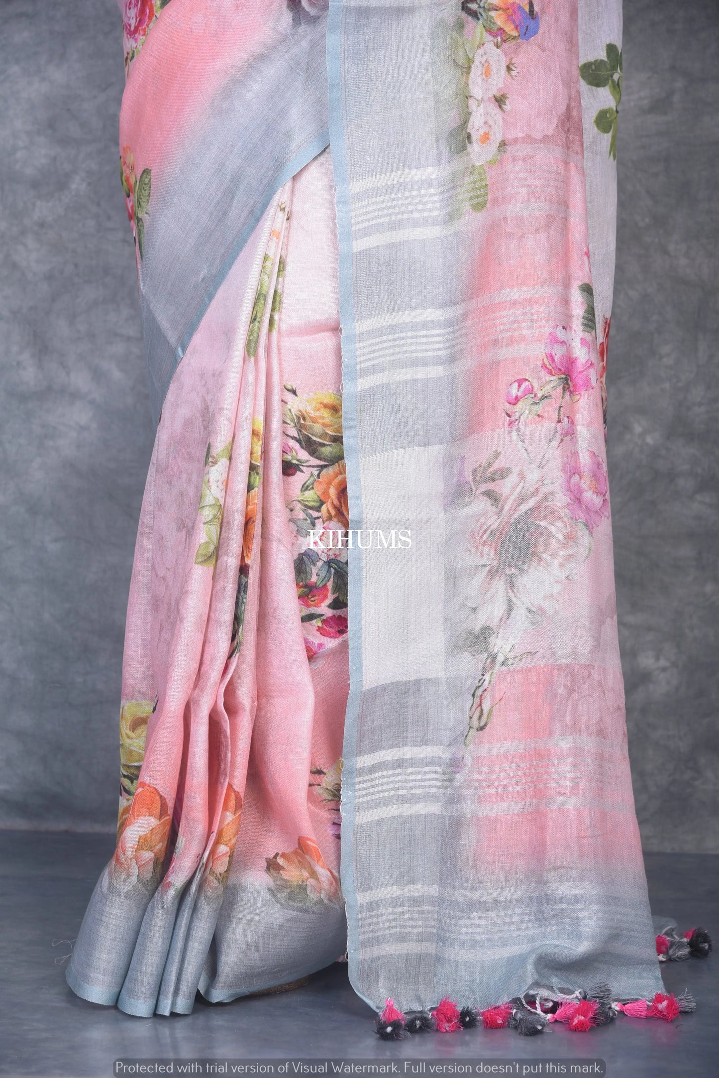 White & peach Dual shade Floral Printed linen saree I Silver Zari BorderI Handwoven Saree I Pretty Sari | KIHUMS Saree kihums clothing