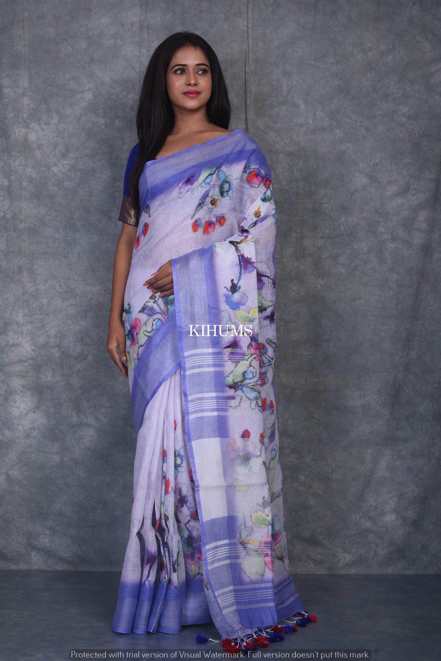 White Floral Printed linen saree I Silver Zari & Indigo BorderI Handwoven Saree I Pretty Sari | KIHUMS Saree kihums clothing