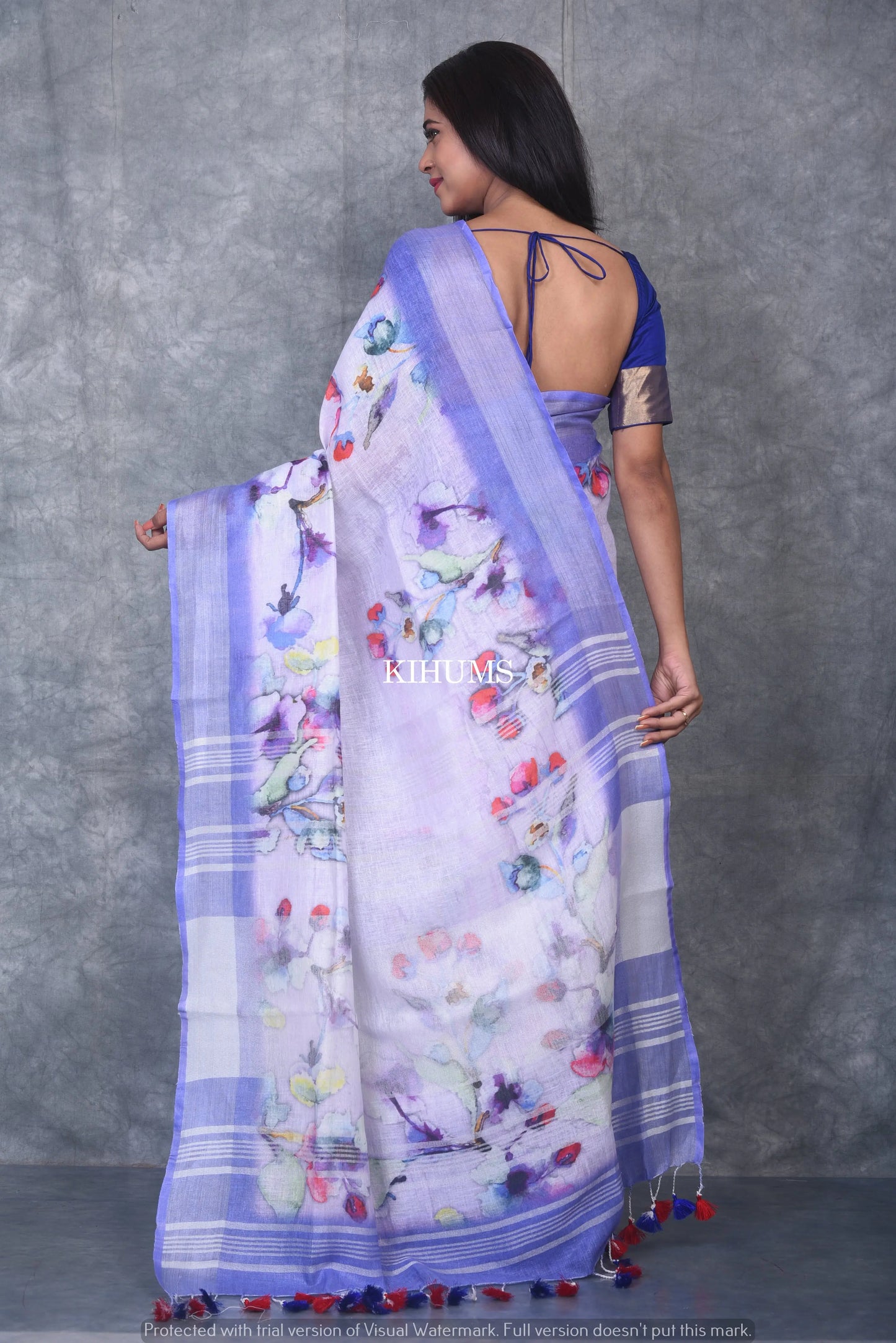White Floral Printed linen saree I Silver Zari & Indigo BorderI Handwoven Saree I Pretty Sari | KIHUMS Saree kihums clothing