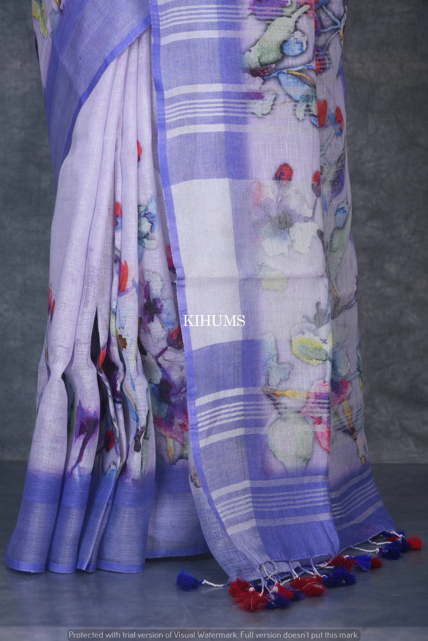 White Floral Printed linen saree I Silver Zari & Indigo BorderI Handwoven Saree I Pretty Sari | KIHUMS Saree kihums clothing