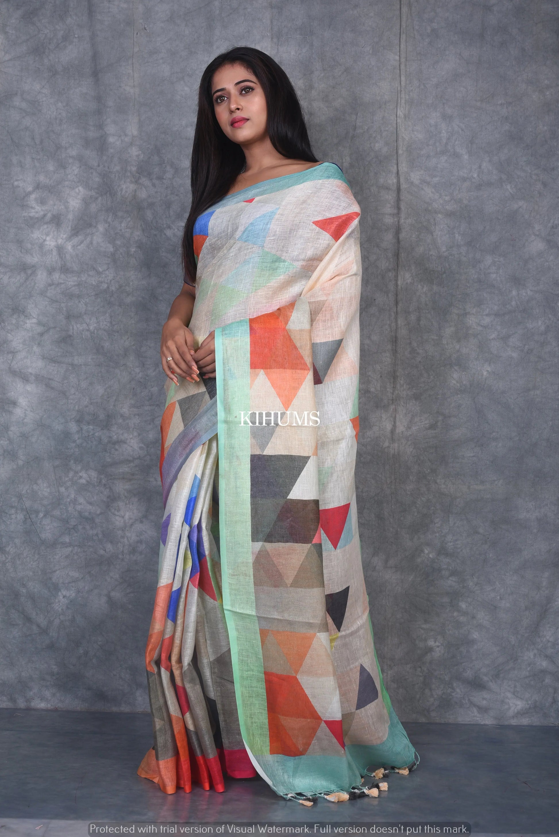 Multishade Printed linen saree I Silver Zari & Indigo BorderI Handwoven Saree I Pretty Sari | KIHUMS Saree kihums clothing