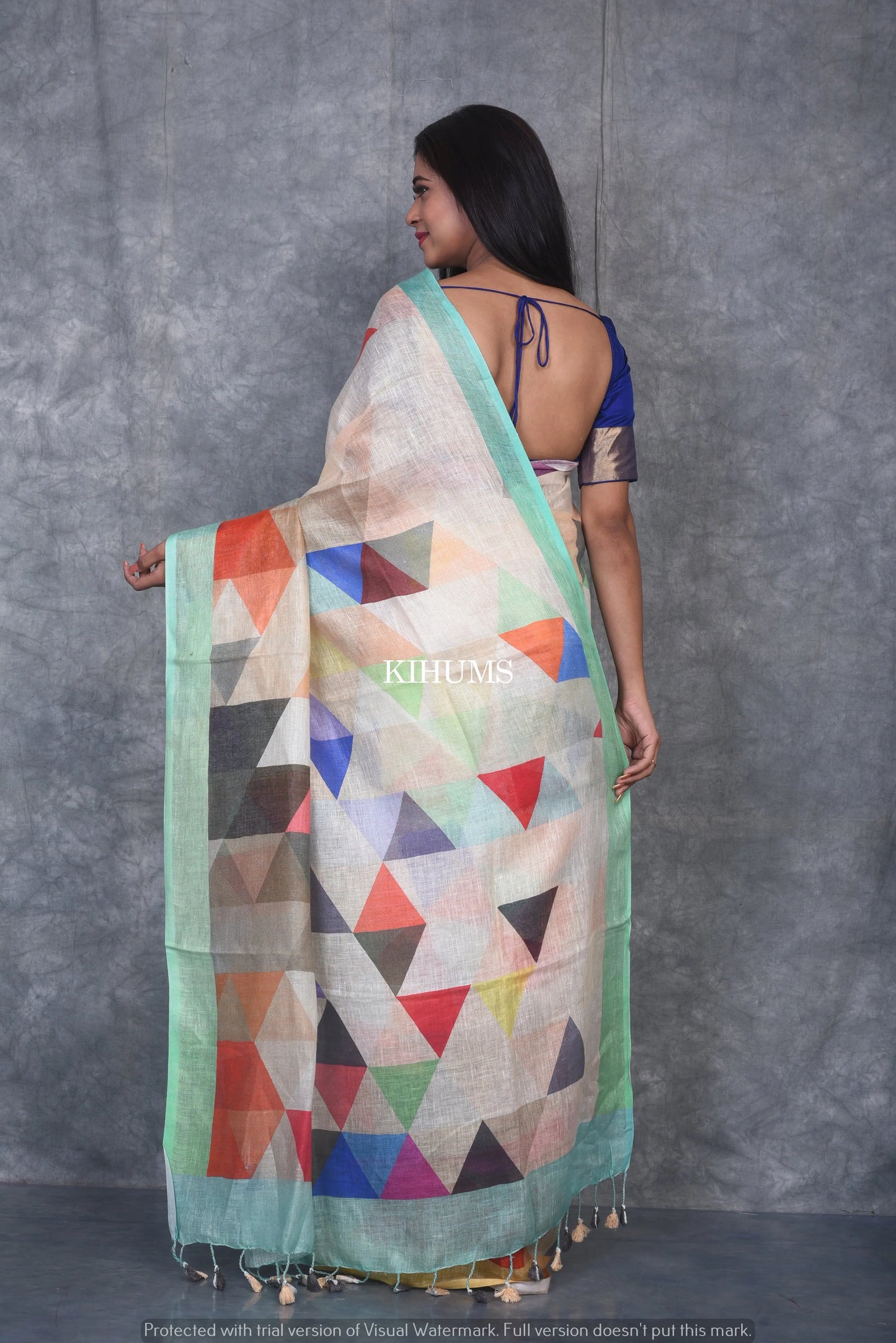 Multishade Printed linen saree I Silver Zari & Indigo BorderI Handwoven Saree I Pretty Sari | KIHUMS Saree kihums clothing