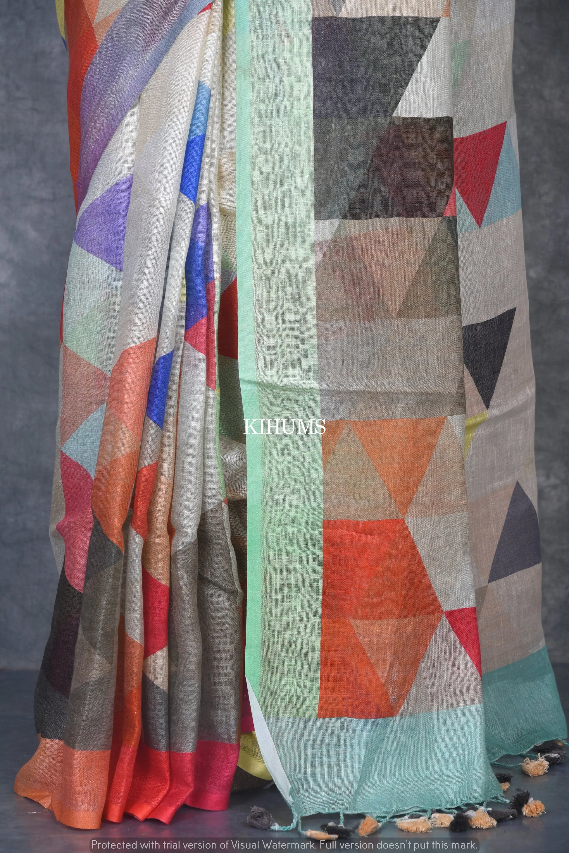 Multishade Printed linen saree I Silver Zari & Indigo BorderI Handwoven Saree I Pretty Sari | KIHUMS Saree kihums clothing