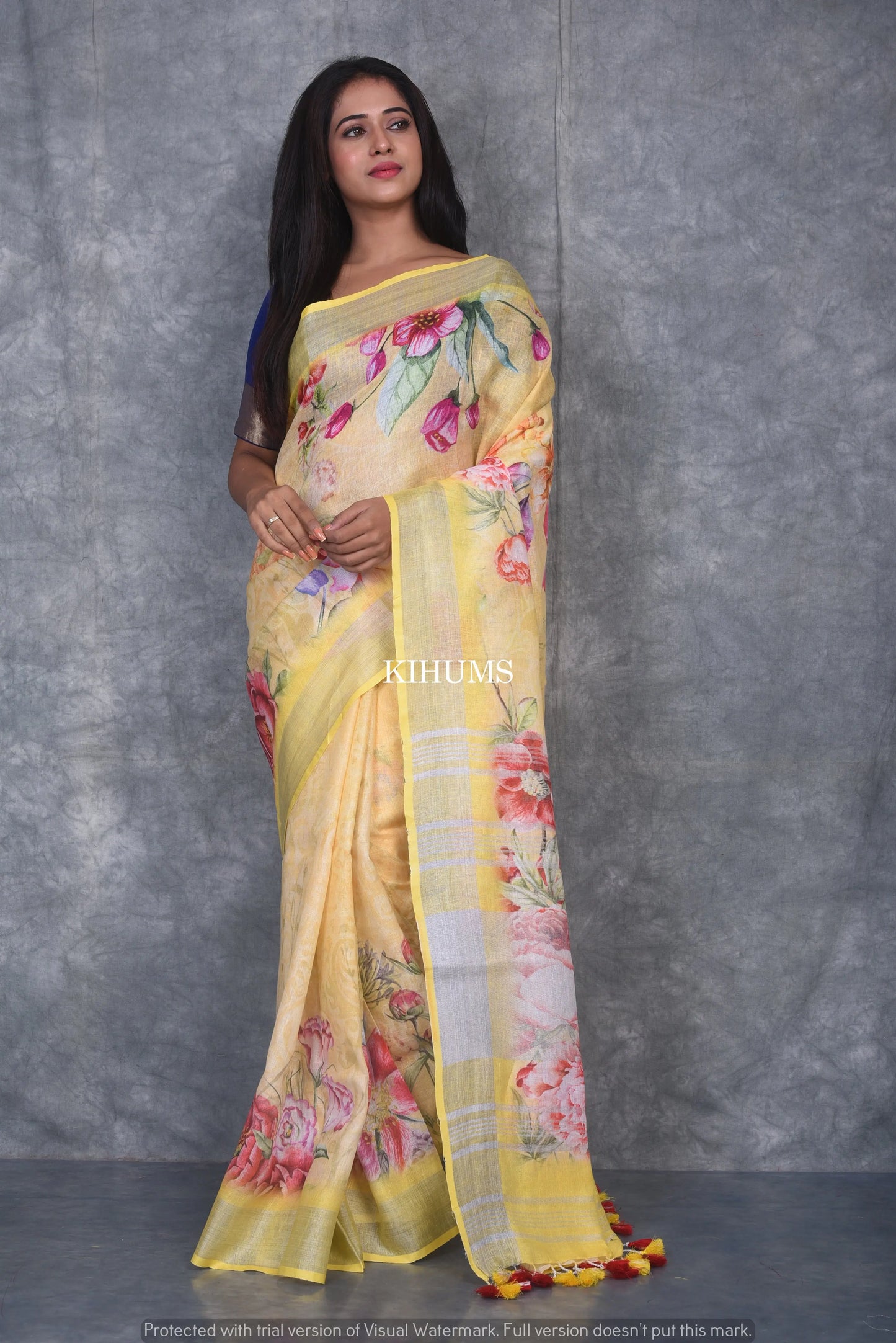 Yellow floral Printed linen saree I Silver Zari & Indigo BorderI Handwoven Saree I Pretty Sari | KIHUMS Saree kihums clothing