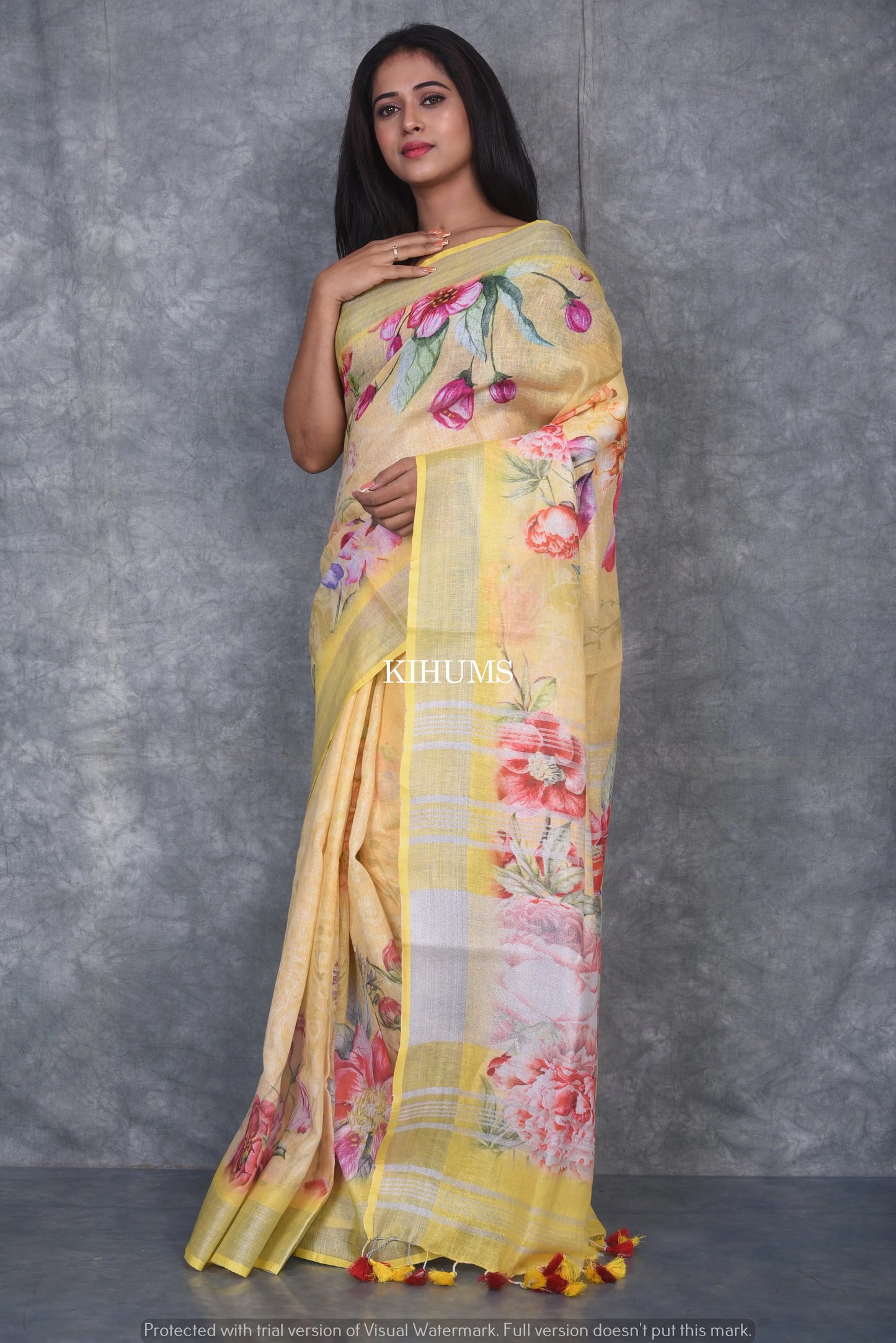 Yellow floral Printed linen saree I Silver Zari & Indigo BorderI Handwoven Saree I Pretty Sari | KIHUMS Saree kihums clothing