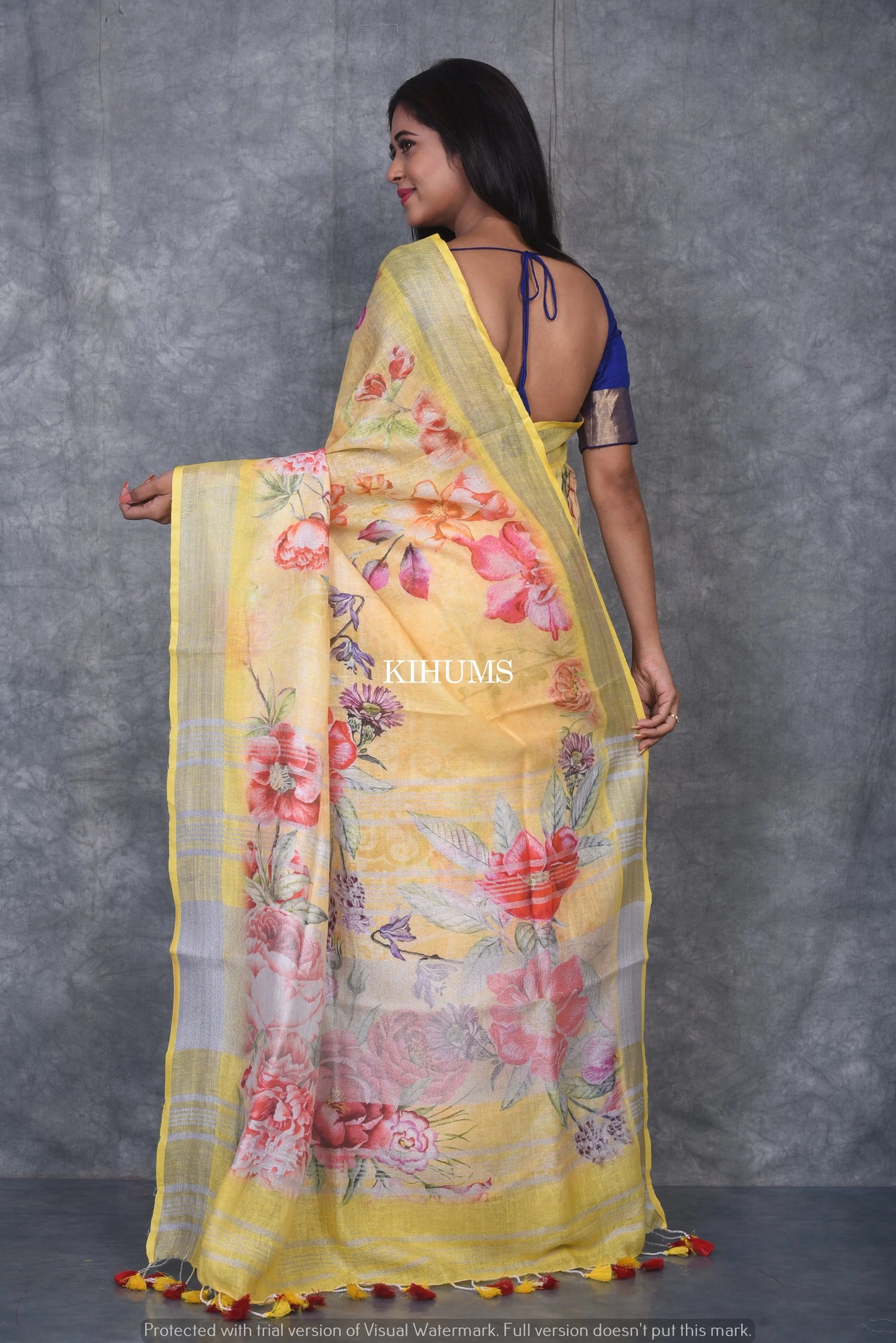 Yellow floral Printed linen saree I Silver Zari & Indigo BorderI Handwoven Saree I Pretty Sari | KIHUMS Saree kihums clothing