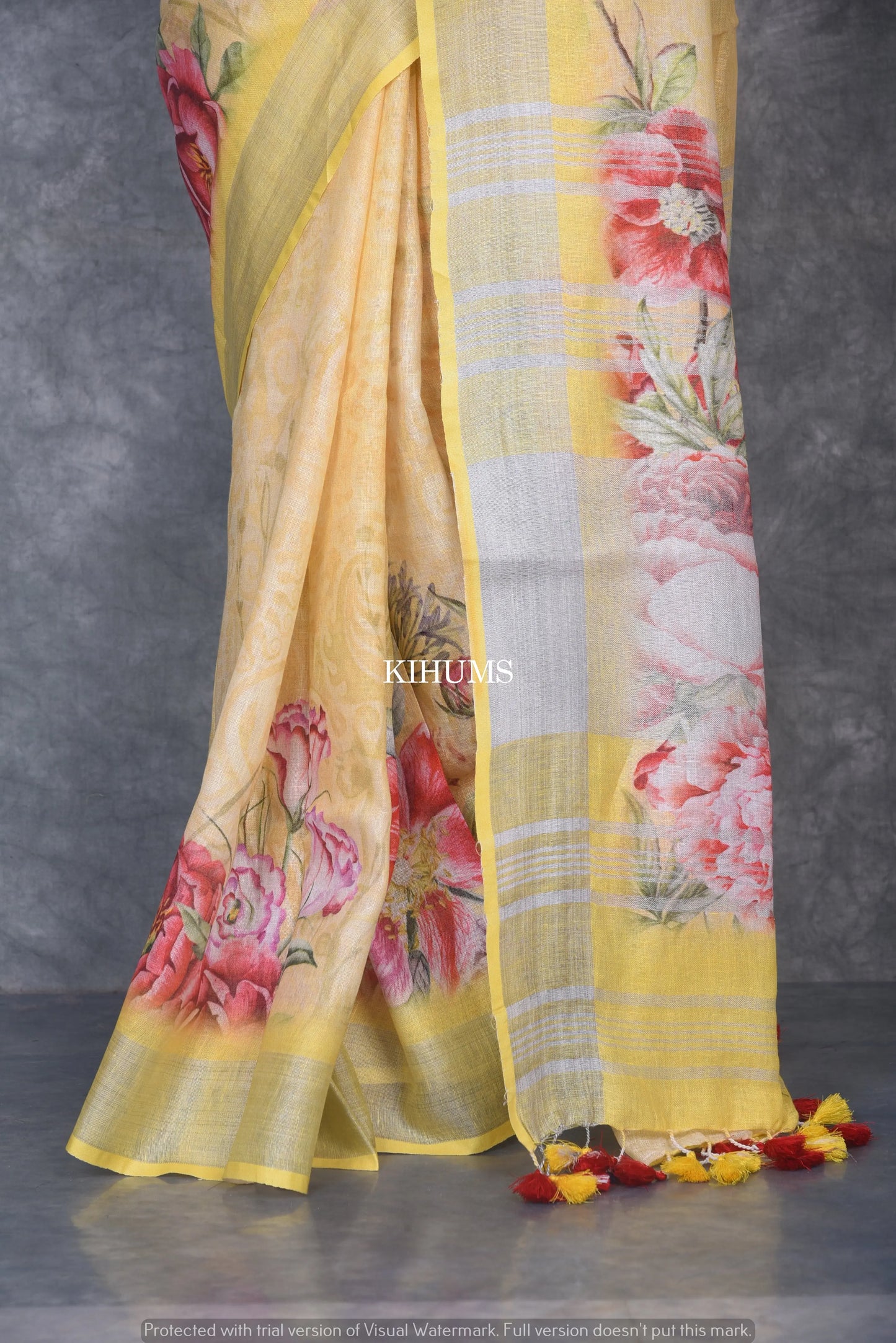 Yellow floral Printed linen saree I Silver Zari & Indigo BorderI Handwoven Saree I Pretty Sari | KIHUMS Saree kihums clothing