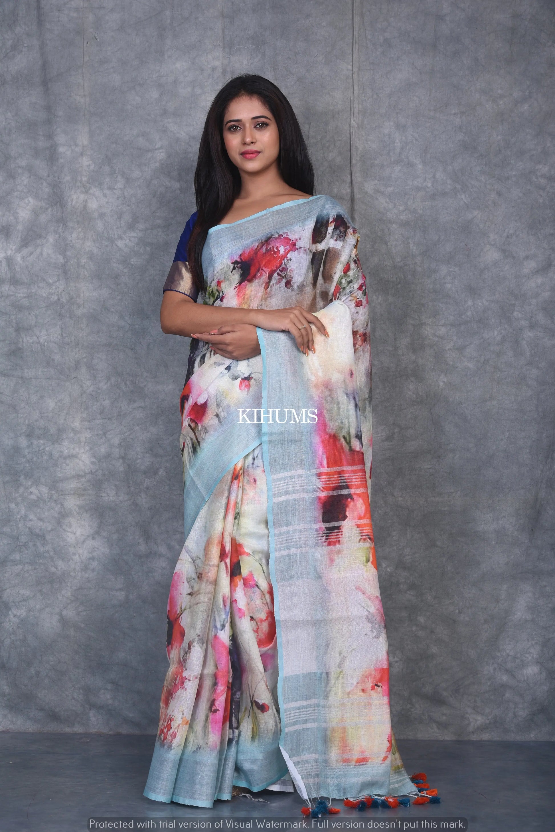 Multishade printed linen saree I Silver Zari & Indigo BorderI Handwoven Saree I Pretty Sari | KIHUMS Saree kihums clothing