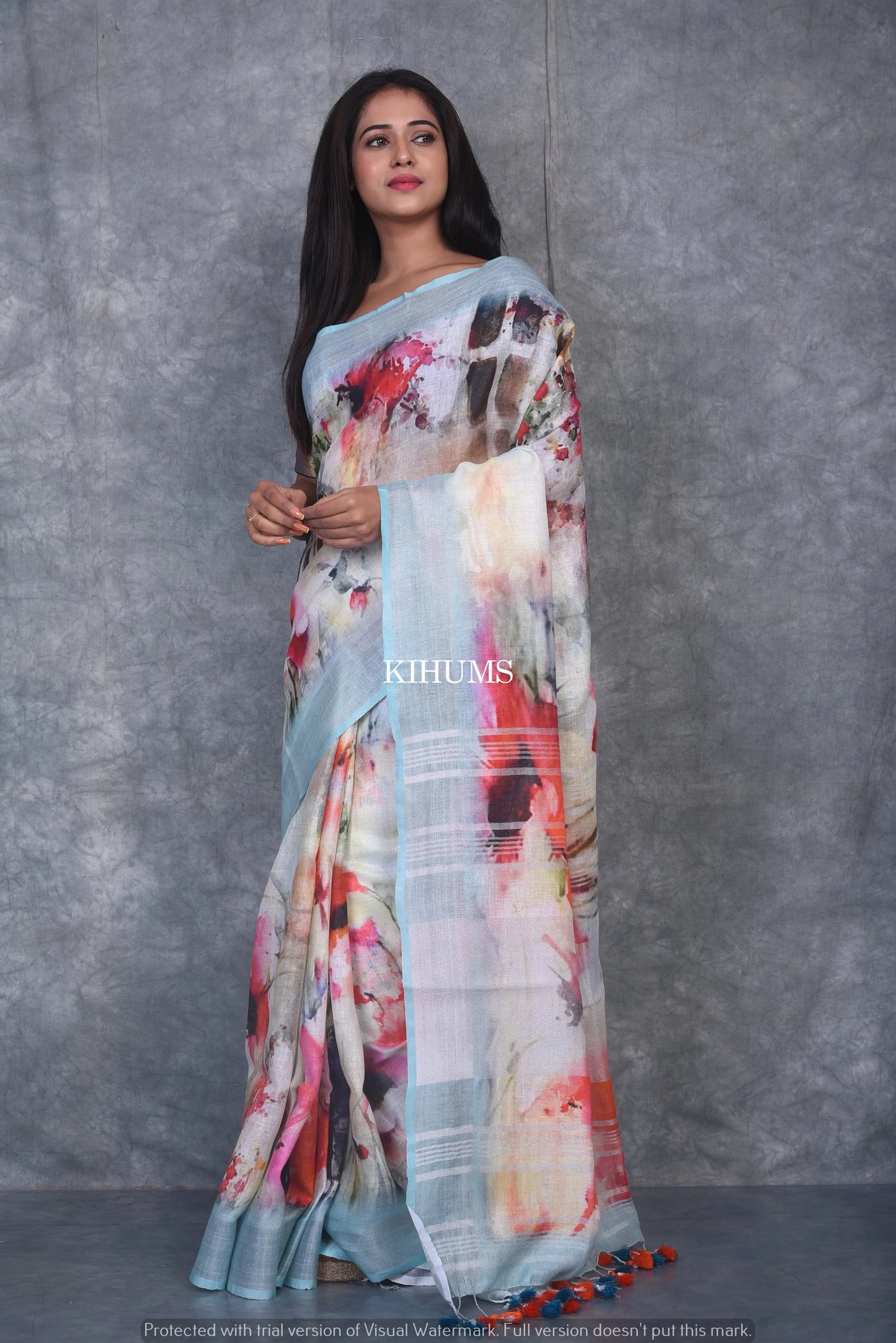 Multishade printed linen saree I Silver Zari & Indigo BorderI Handwoven Saree I Pretty Sari | KIHUMS Saree kihums clothing