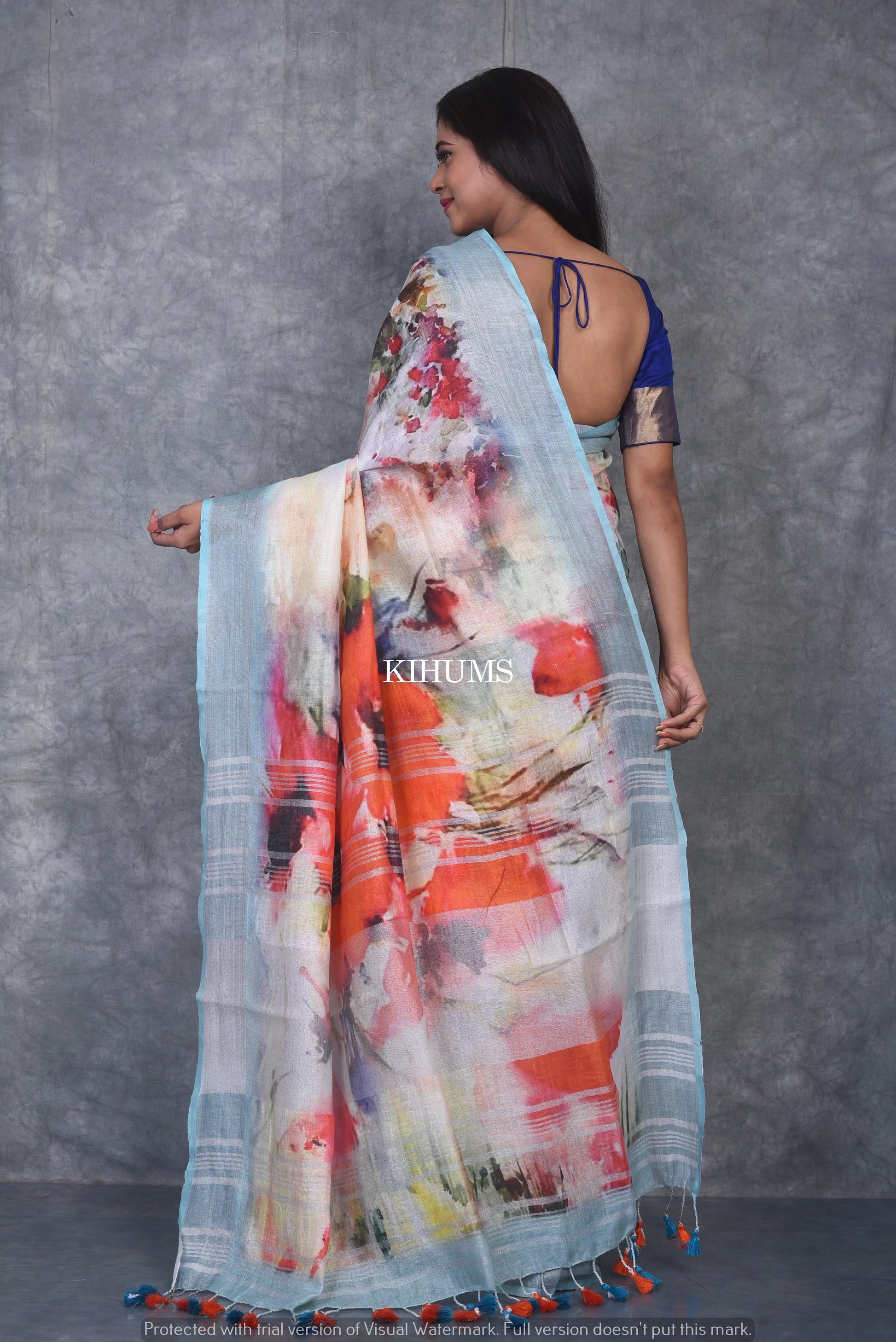 Multishade printed linen saree I Silver Zari & Indigo BorderI Handwoven Saree I Pretty Sari | KIHUMS Saree kihums clothing