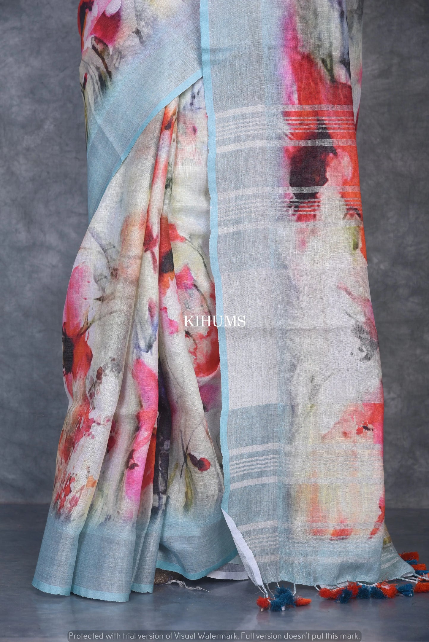 Multishade printed linen saree I Silver Zari & Indigo BorderI Handwoven Saree I Pretty Sari | KIHUMS Saree kihums clothing