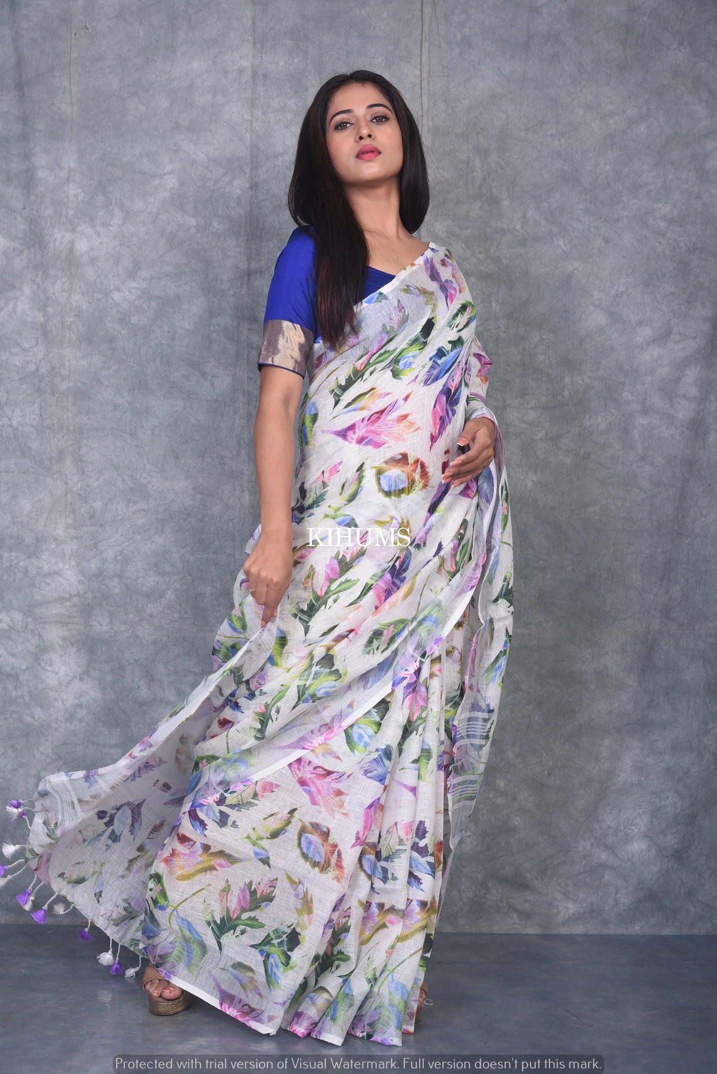 Multishade printed linen saree I Silver Zari & Indigo BorderI Handwoven Saree I Pretty Sari | KIHUMS Saree kihums clothing