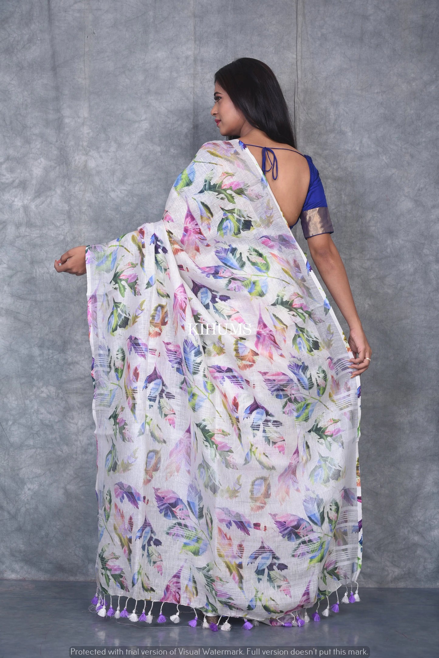Multishade printed linen saree I Silver Zari & Indigo BorderI Handwoven Saree I Pretty Sari | KIHUMS Saree kihums clothing
