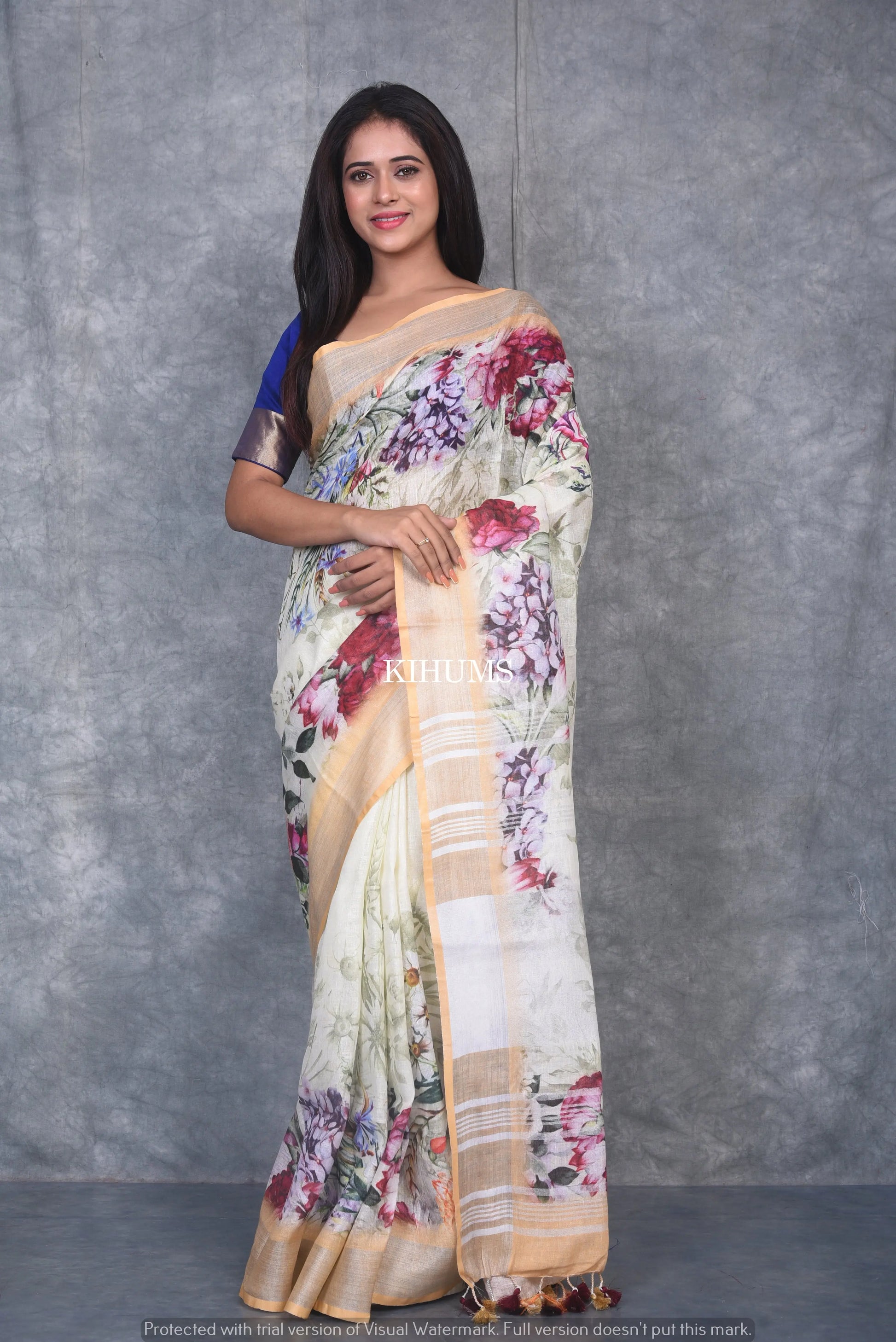 Multishade printed linen saree I Silver Zari & Indigo BorderI Handwoven Saree I Pretty Sari | KIHUMS Saree kihums clothing