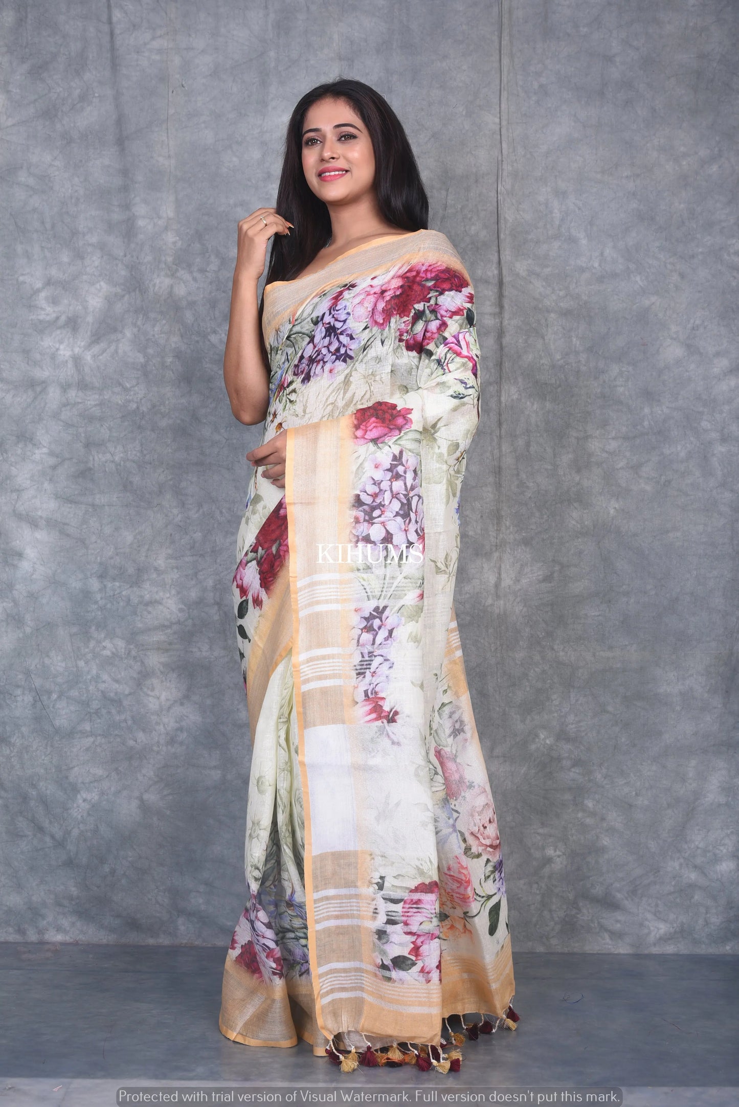 Multishade printed linen saree I Silver Zari & Indigo BorderI Handwoven Saree I Pretty Sari | KIHUMS Saree kihums clothing