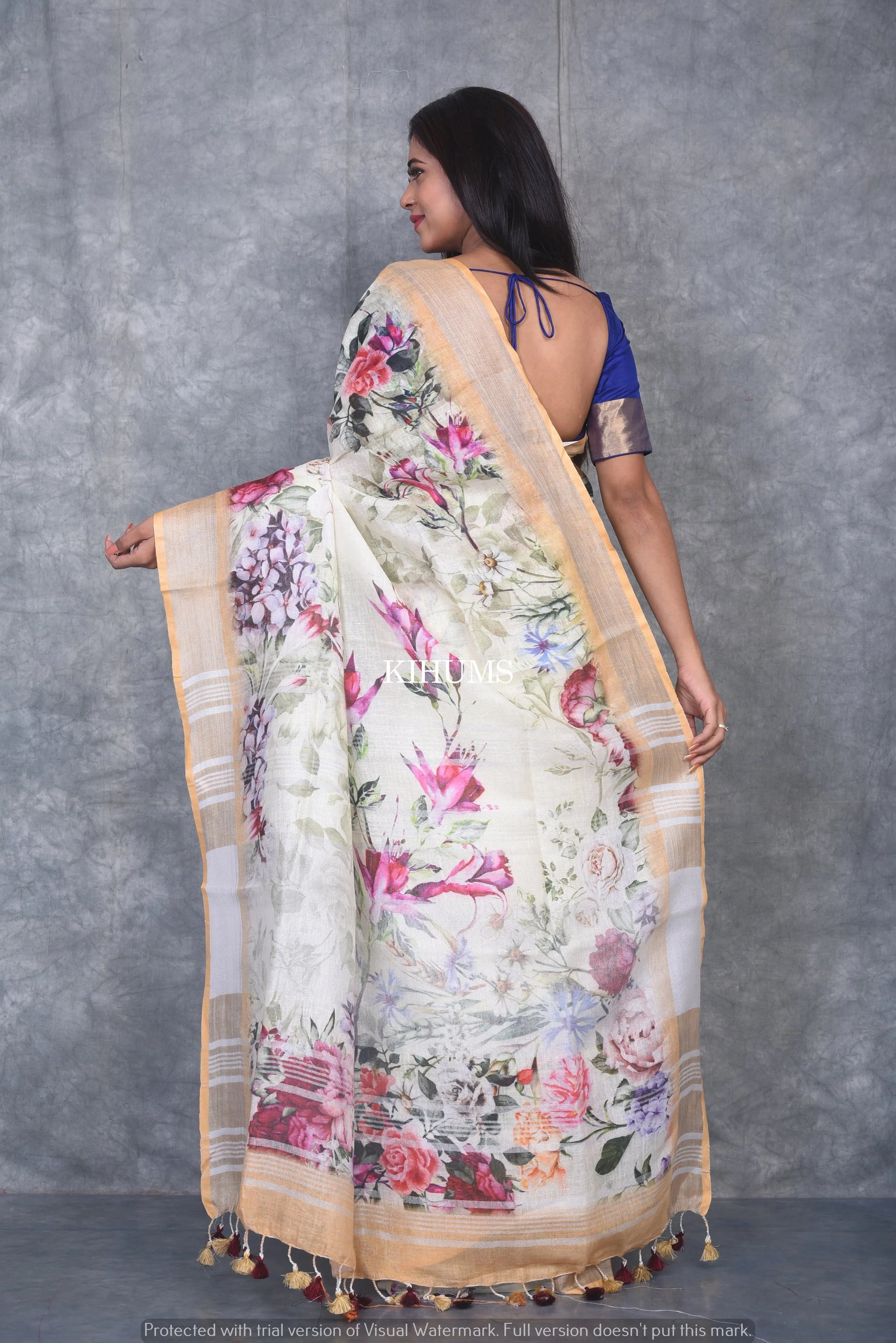 Multishade printed linen saree I Silver Zari & Indigo BorderI Handwoven Saree I Pretty Sari | KIHUMS Saree kihums clothing