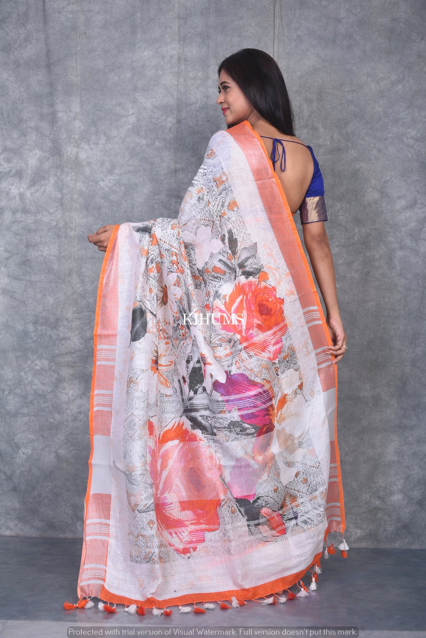 Multishade printed linen saree I Silver Zari & Indigo BorderI Handwoven Saree I Pretty Sari | KIHUMS Saree kihums clothing