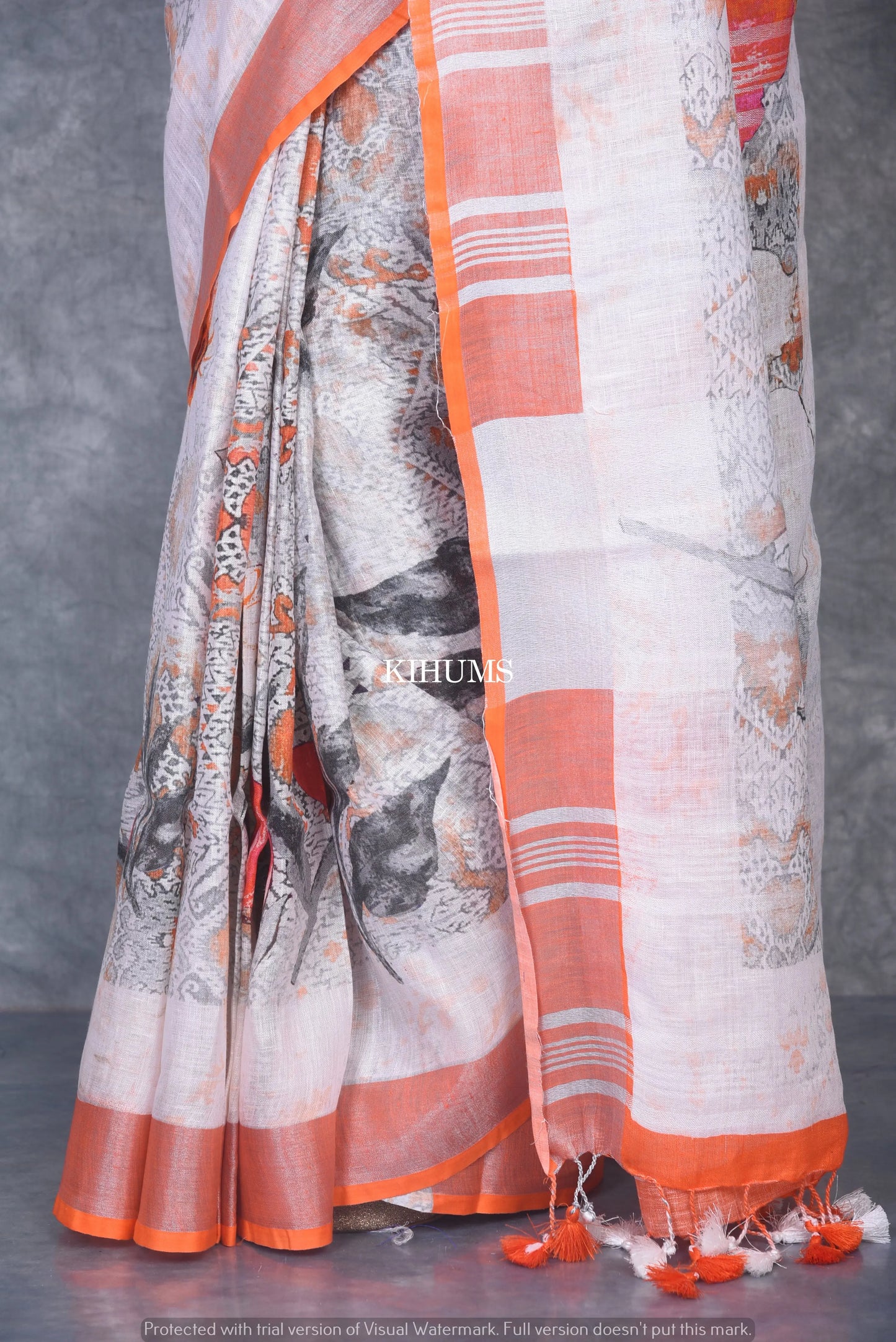 Multishade printed linen saree I Silver Zari & Indigo BorderI Handwoven Saree I Pretty Sari | KIHUMS Saree kihums clothing