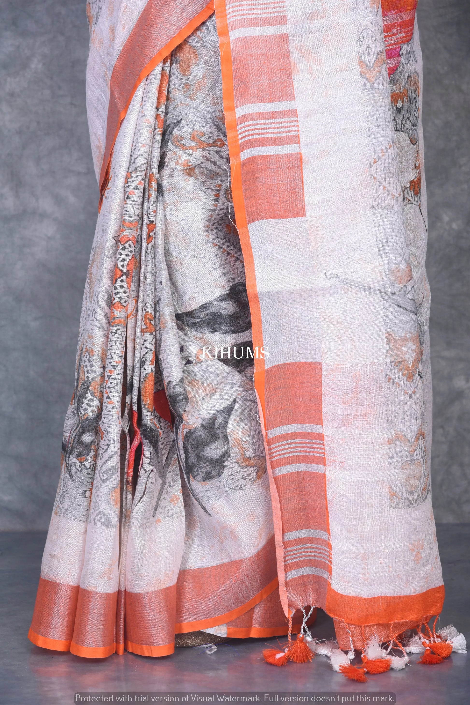 Multishade printed linen saree I Silver Zari & Indigo BorderI Handwoven Saree I Pretty Sari | KIHUMS Saree kihums clothing