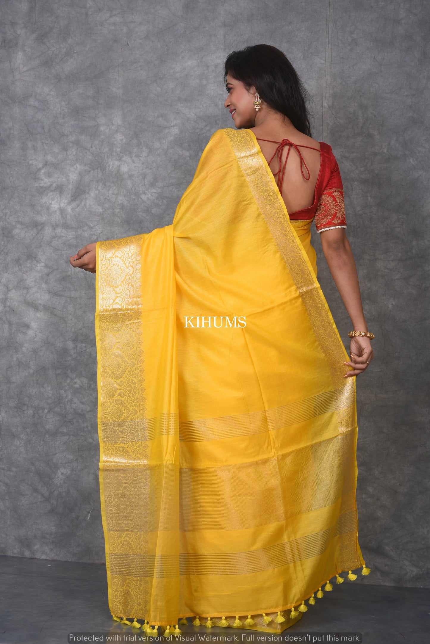 Yellow Handmade Silk Viscose Saree | Gold Zari Jacquard Border | KIHUMS Saree kihums clothing