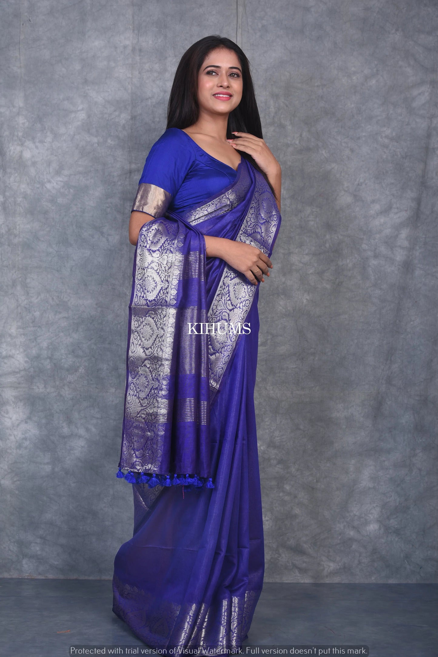 Blue Handmade Silk Viscose Saree | Gold Zari Jacquard Border | KIHUMS Saree