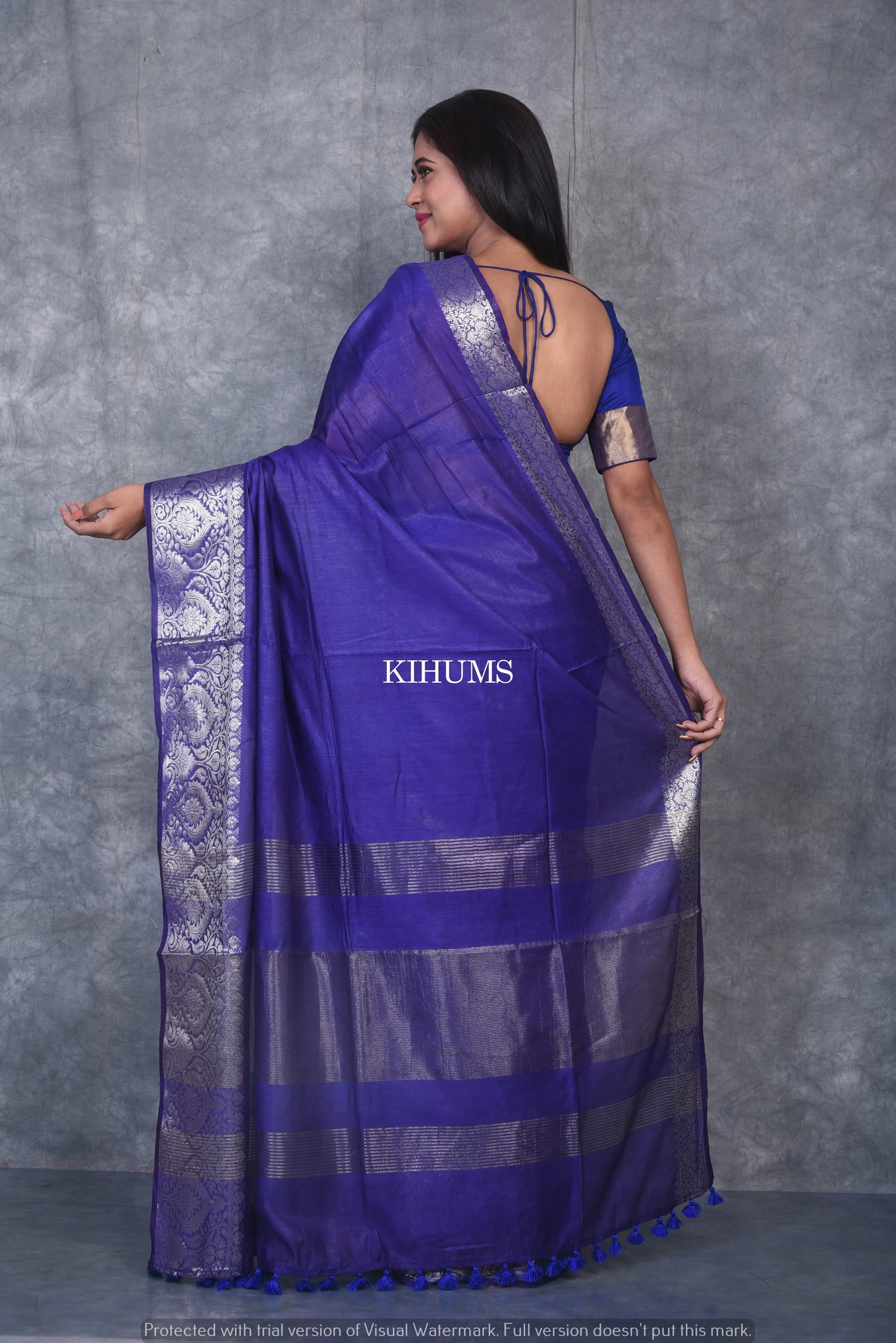 Blue Handmade Silk Viscose Saree | Gold Zari Jacquard Border | KIHUMS Saree