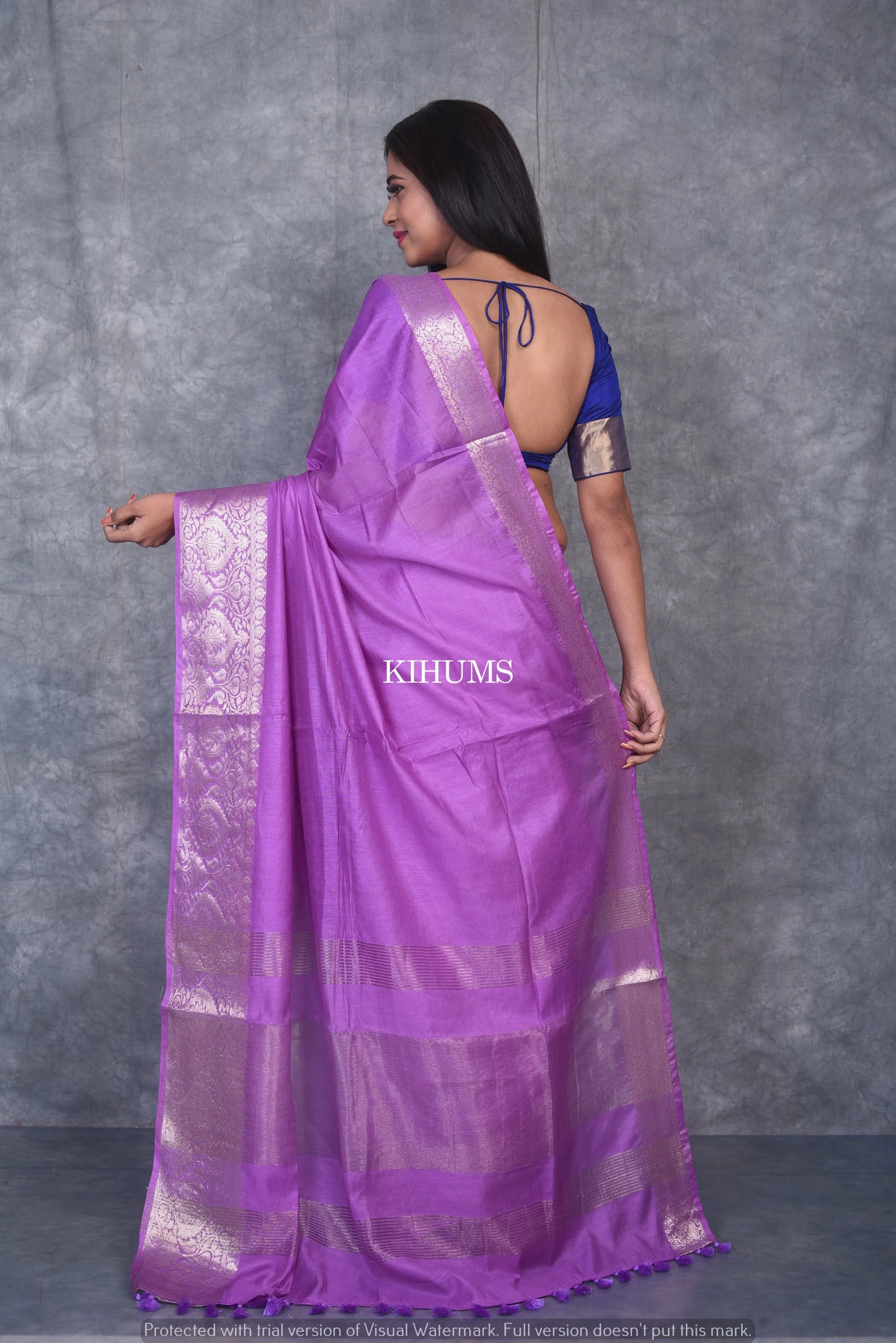 Lavender Handmade Silk Viscose Saree | Gold Zari Jacquard Border | KIHUMS Saree