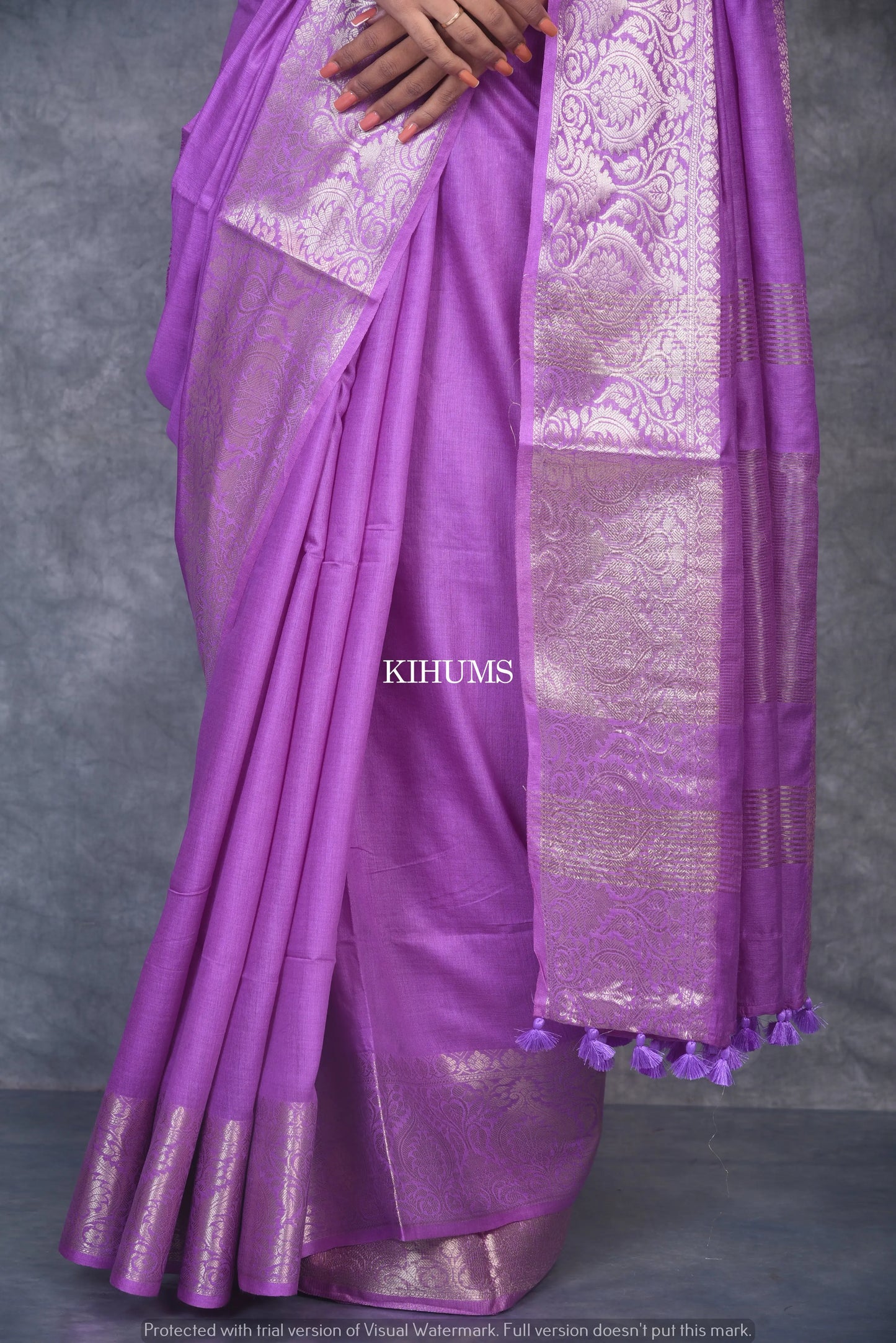 Lavender Handmade Silk Viscose Saree | Gold Zari Jacquard Border | KIHUMS Saree
