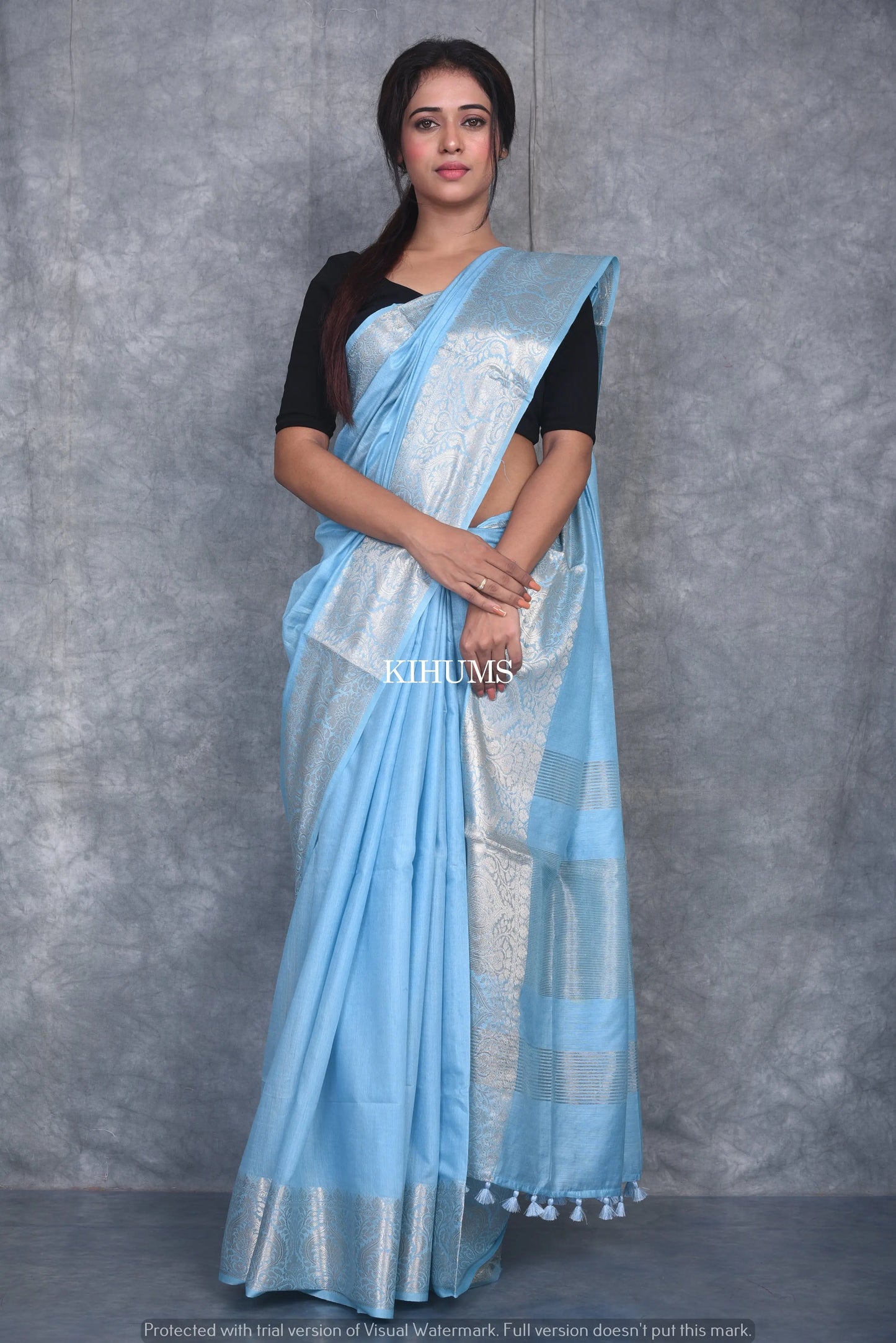 Light Blue Handmade Silk Viscose Saree | Gold Zari Jacquard Border | KIHUMS Saree kihums clothing