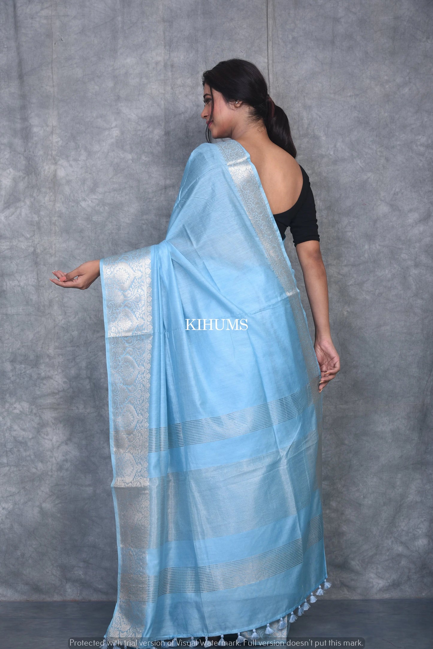 Light Blue Handmade Silk Viscose Saree | Gold Zari Jacquard Border | KIHUMS Saree kihums clothing
