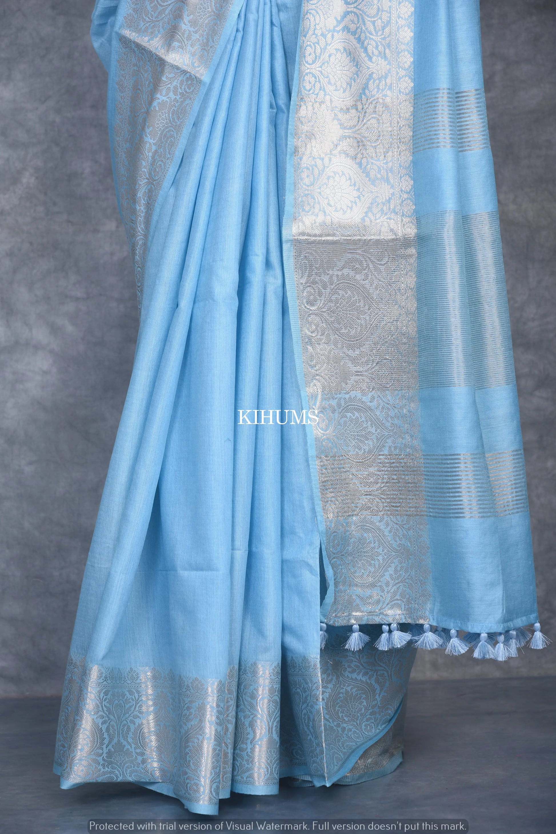 Light Blue Handmade Silk Viscose Saree | Gold Zari Jacquard Border | KIHUMS Saree kihums clothing