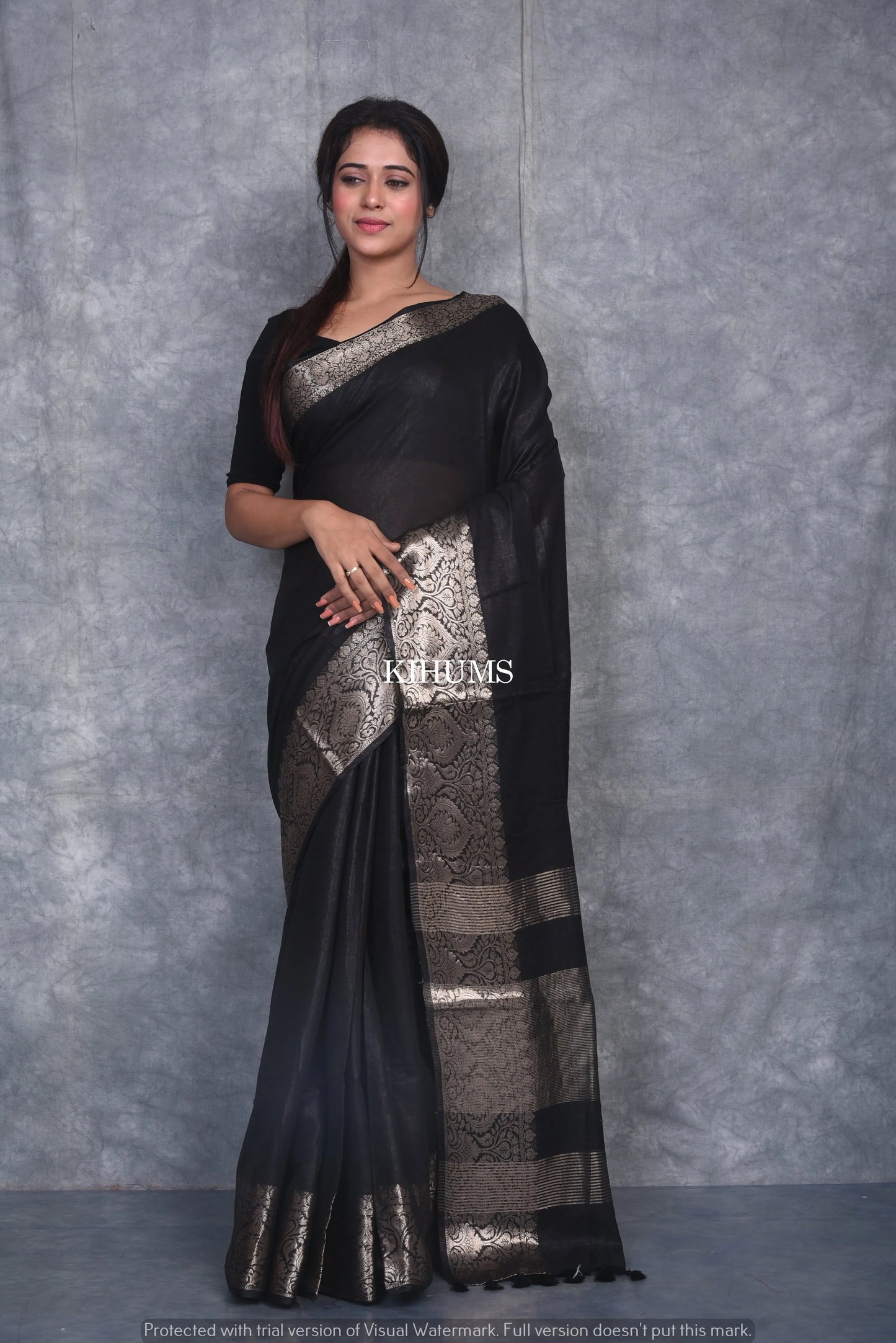 Black Handmade Silk Viscose Saree | Gold Zari Jacquard Border | KIHUMS Saree kihums clothing
