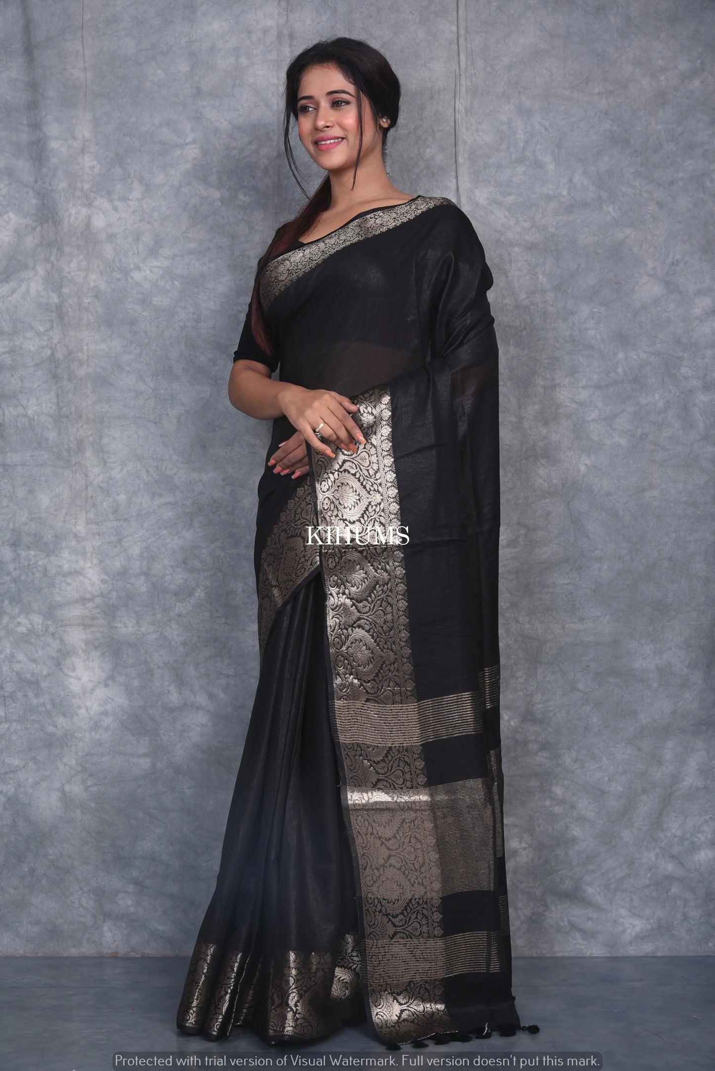 Black Handmade Silk Viscose Saree | Gold Zari Jacquard Border | KIHUMS Saree kihums clothing