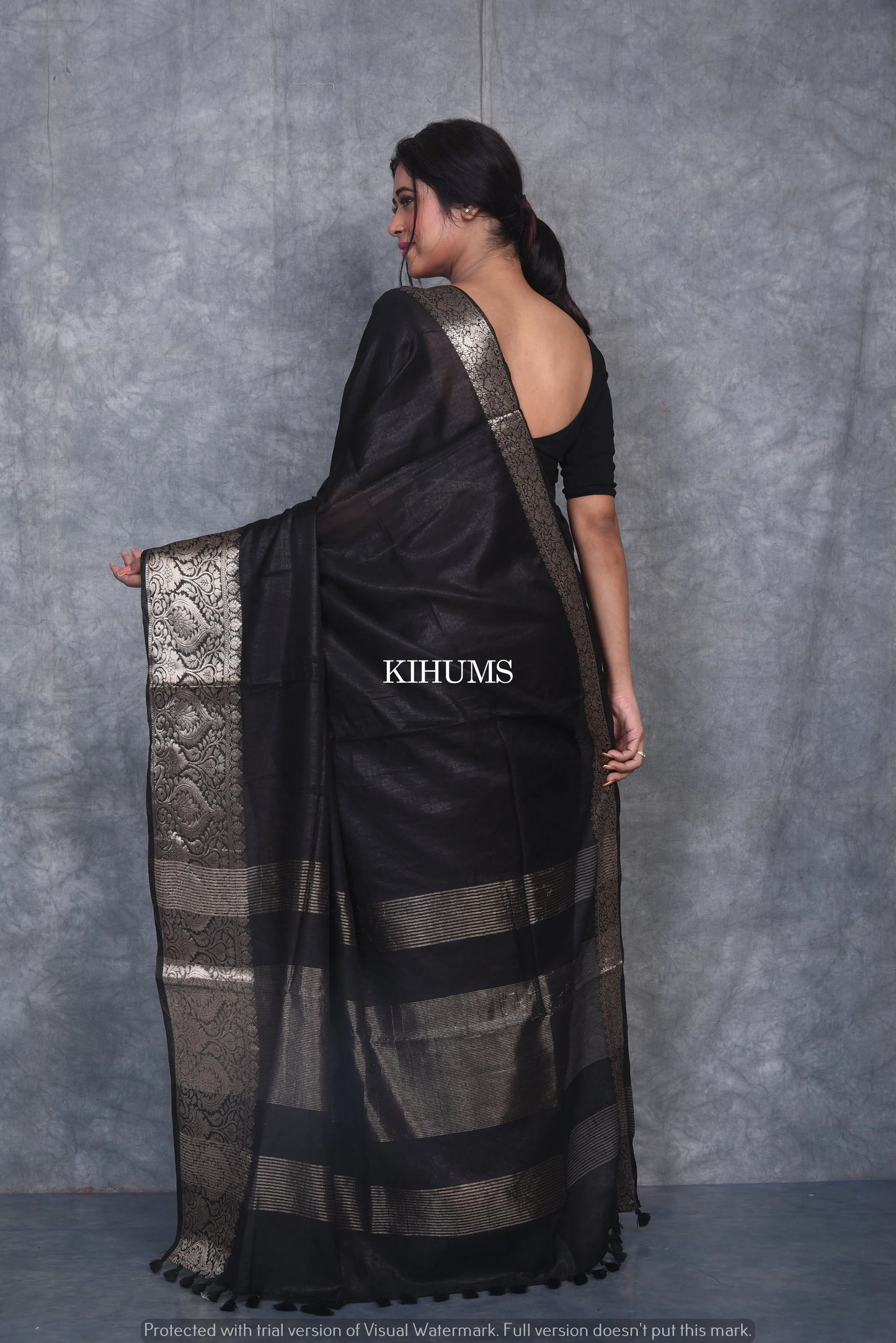 Black Handmade Silk Viscose Saree | Gold Zari Jacquard Border | KIHUMS Saree kihums clothing