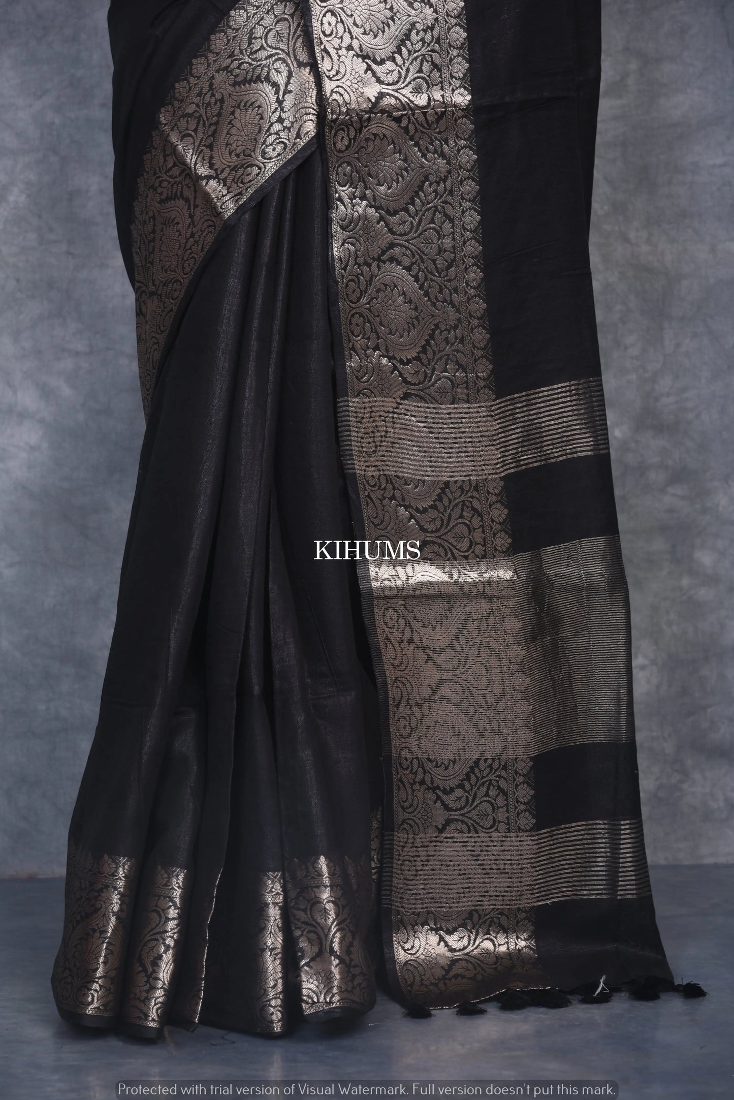 Black Handmade Silk Viscose Saree | Gold Zari Jacquard Border | KIHUMS Saree kihums clothing