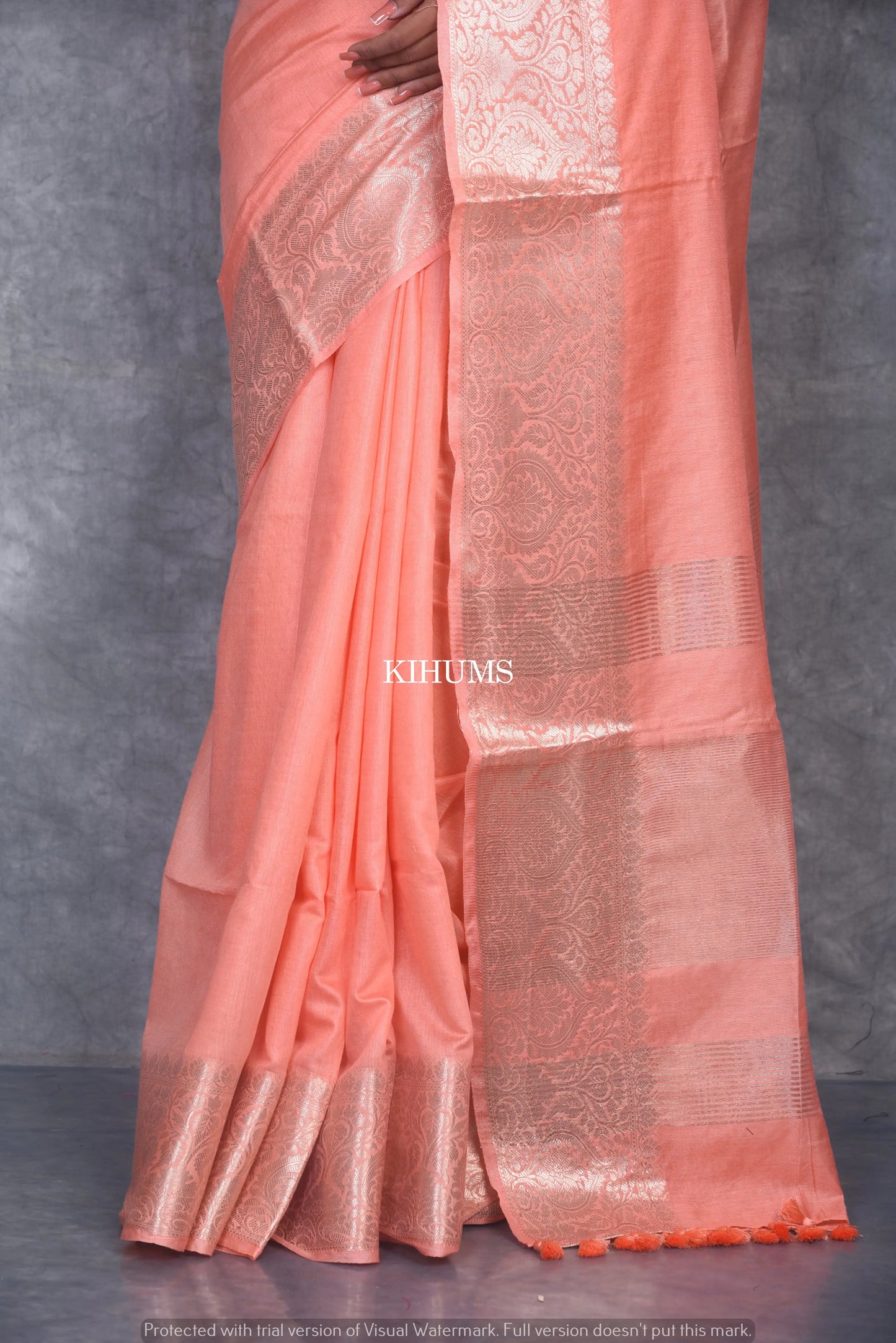 Salmon Shade Handmade Silk Viscose Saree | Gold Zari Jacquard Border | KIHUMS Saree kihums clothing