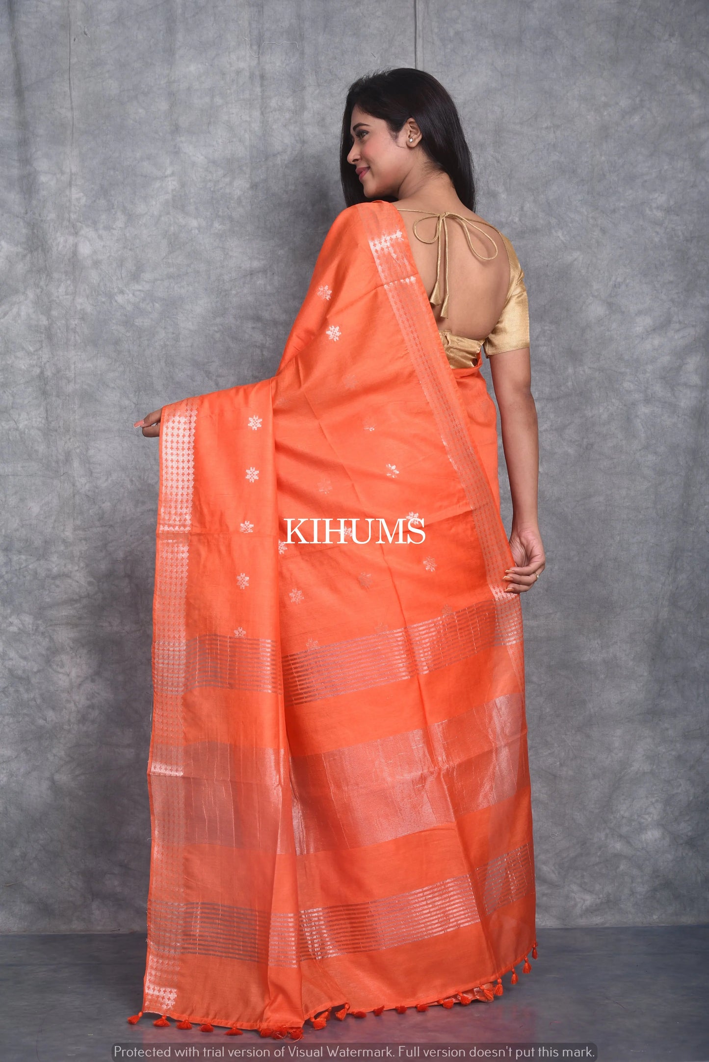 Orange Handmade Viscose Silk Saree | Zari woven Border | KIHUMS Saree