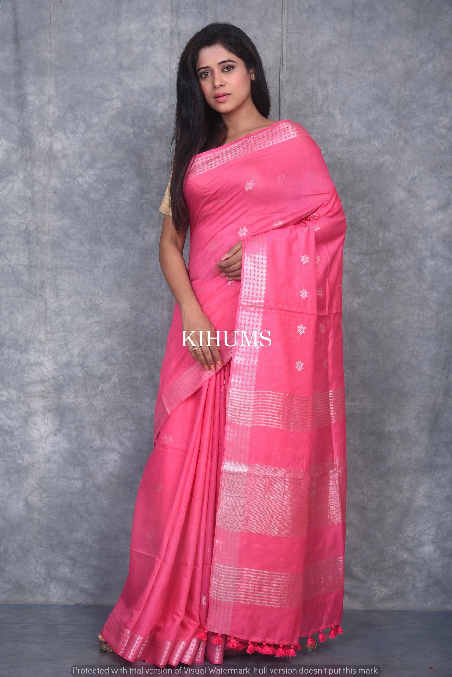 Pink Handmade Viscose Silk Saree | Zari woven Border | KIHUMS Saree