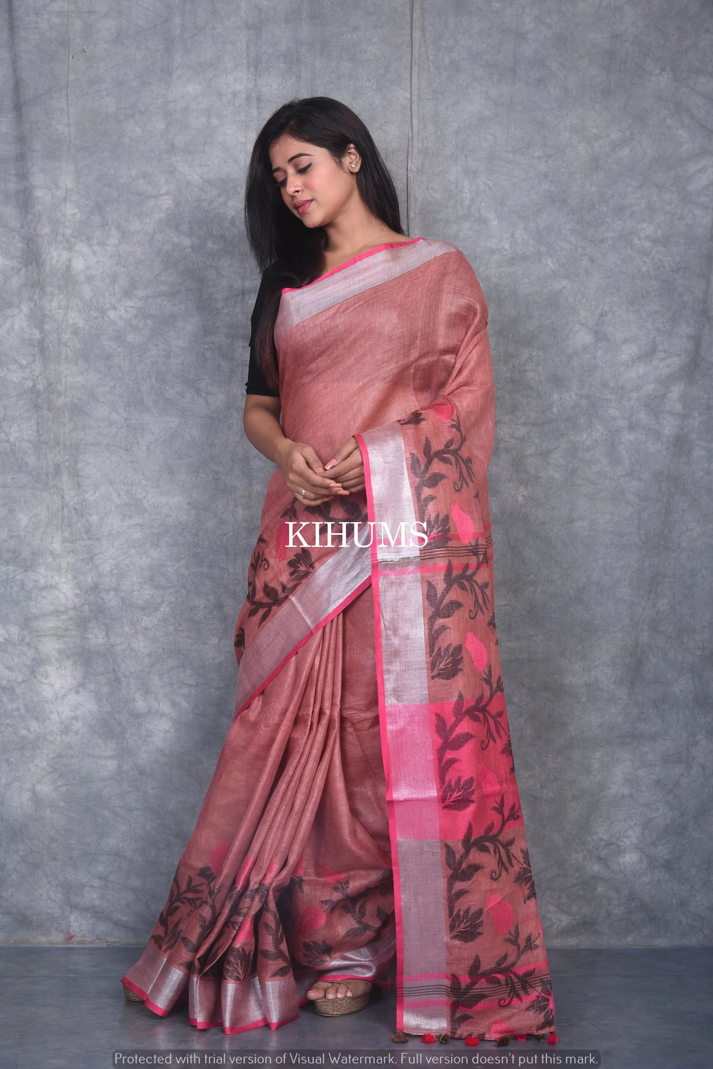 Brick Shade Pure Linen Saree | Thread Woven Floral Design | Silver Zari borders | KIHUMS Saree kihums clothing