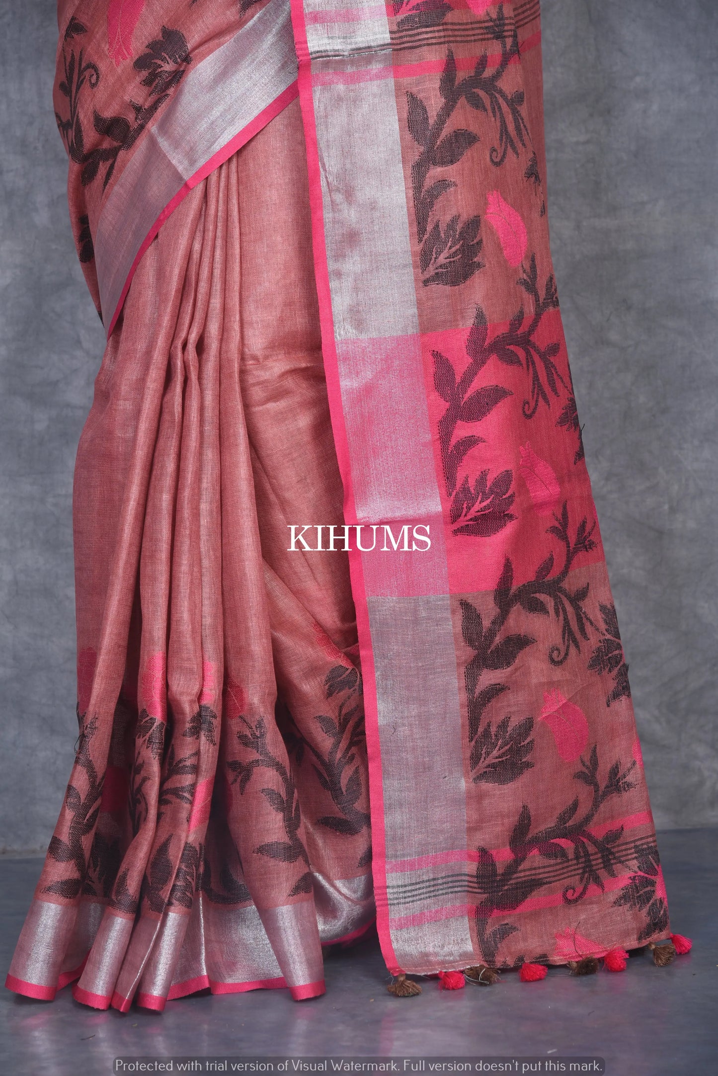 Brick Shade Pure Linen Saree | Thread Woven Floral Design | Silver Zari borders | KIHUMS Saree kihums clothing