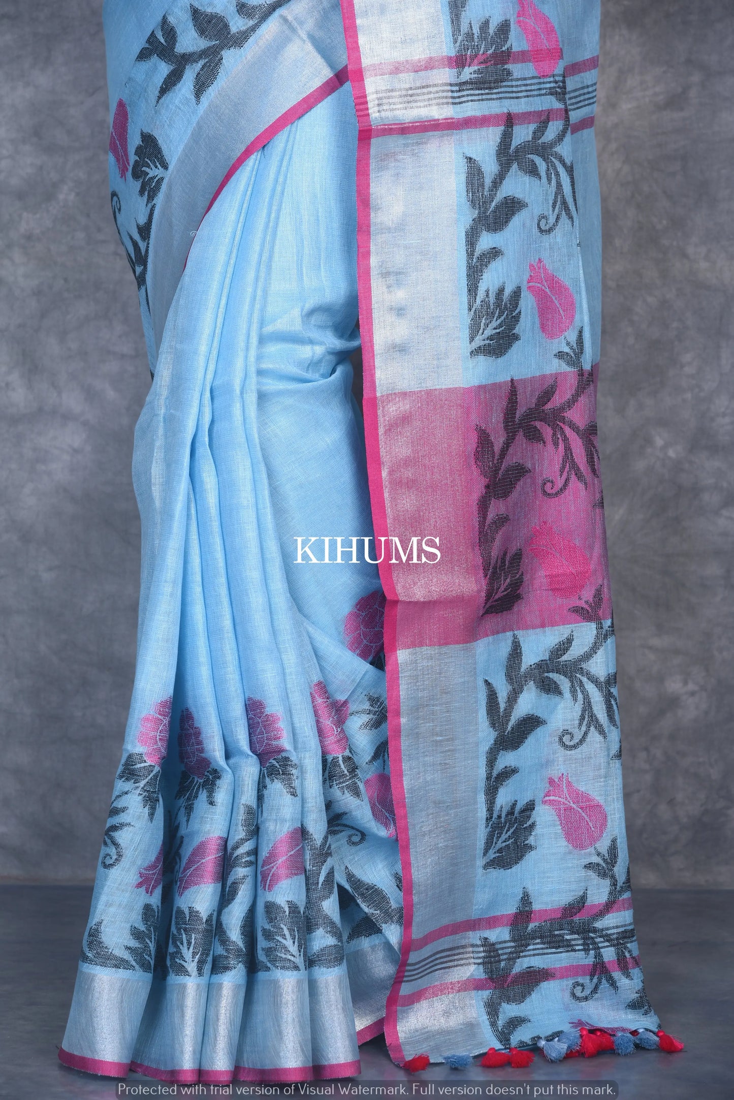 Light Blue Shade Pure Linen Saree | Thread Woven Floral Design | Silver Zari borders | KIHUMS Saree kihums clothing