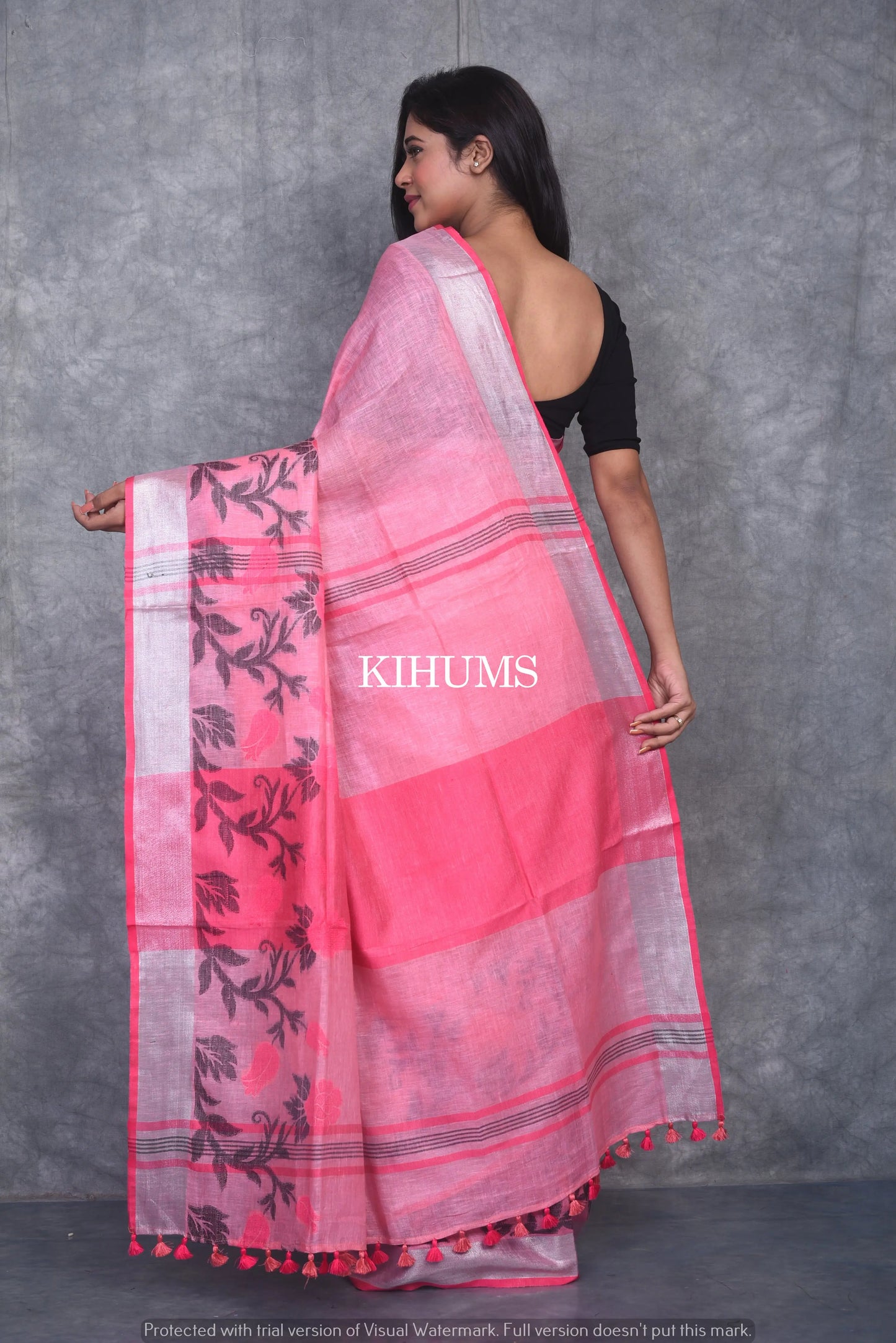 Light Pink Shade Pure Linen Saree | Thread Woven Floral Design | Silver Zari borders | KIHUMS Saree
