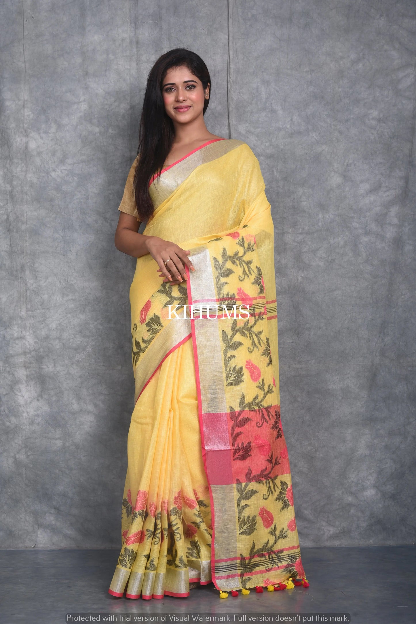 Yellow Pure Linen Saree | Thread Woven Floral Design | Silver Zari borders | KIHUMS Saree kihums clothing
