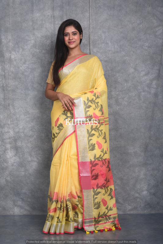 Yellow Pure Linen Saree | Thread Woven Floral Design | Silver Zari borders | KIHUMS Saree
