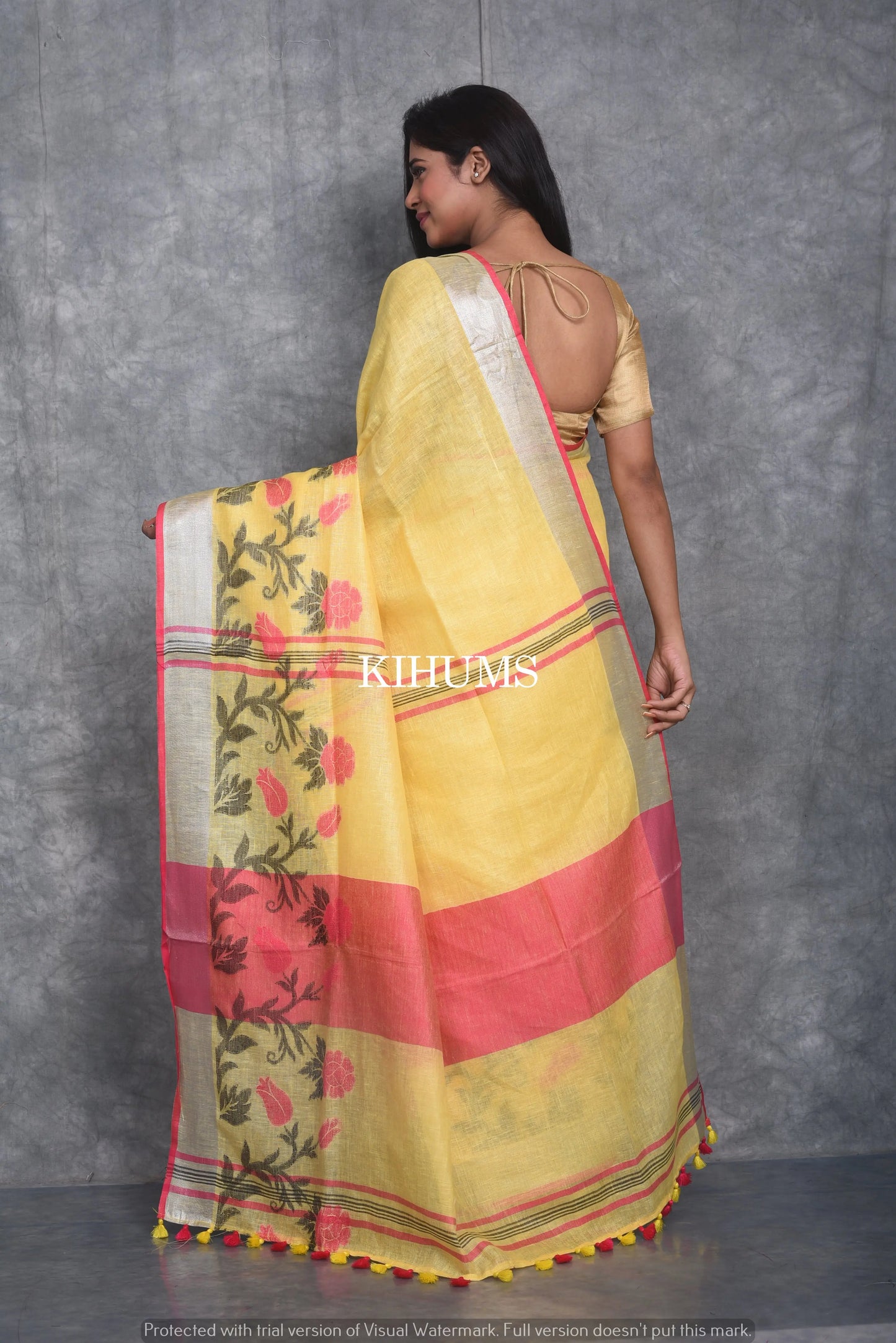 Yellow Pure Linen Saree | Thread Woven Floral Design | Silver Zari borders | KIHUMS Saree kihums clothing