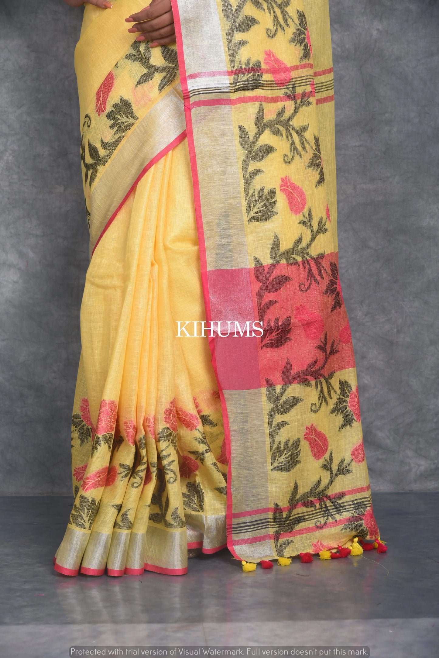 Yellow Pure Linen Saree | Thread Woven Floral Design | Silver Zari borders | KIHUMS Saree kihums clothing