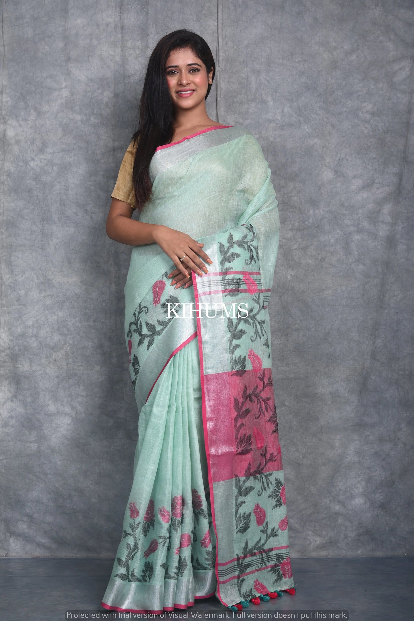 Light Green Pure Handloom Linen Saree | Thread Woven Floral Design | Silver Zari borders | KIHUMS Saree