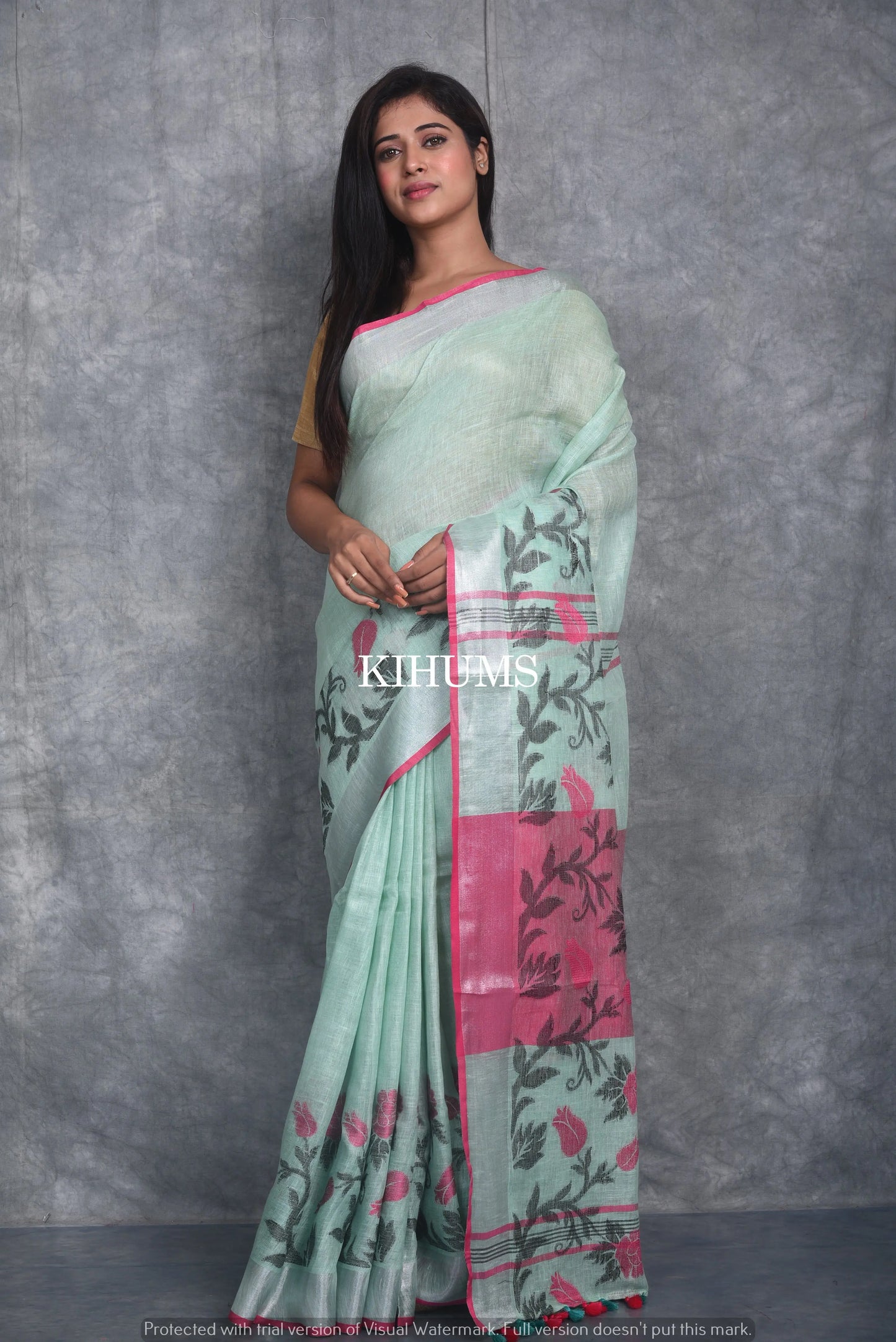 Light Green Pure Handloom Linen Saree | Thread Woven Floral Design | Silver Zari borders | KIHUMS Saree kihums clothing